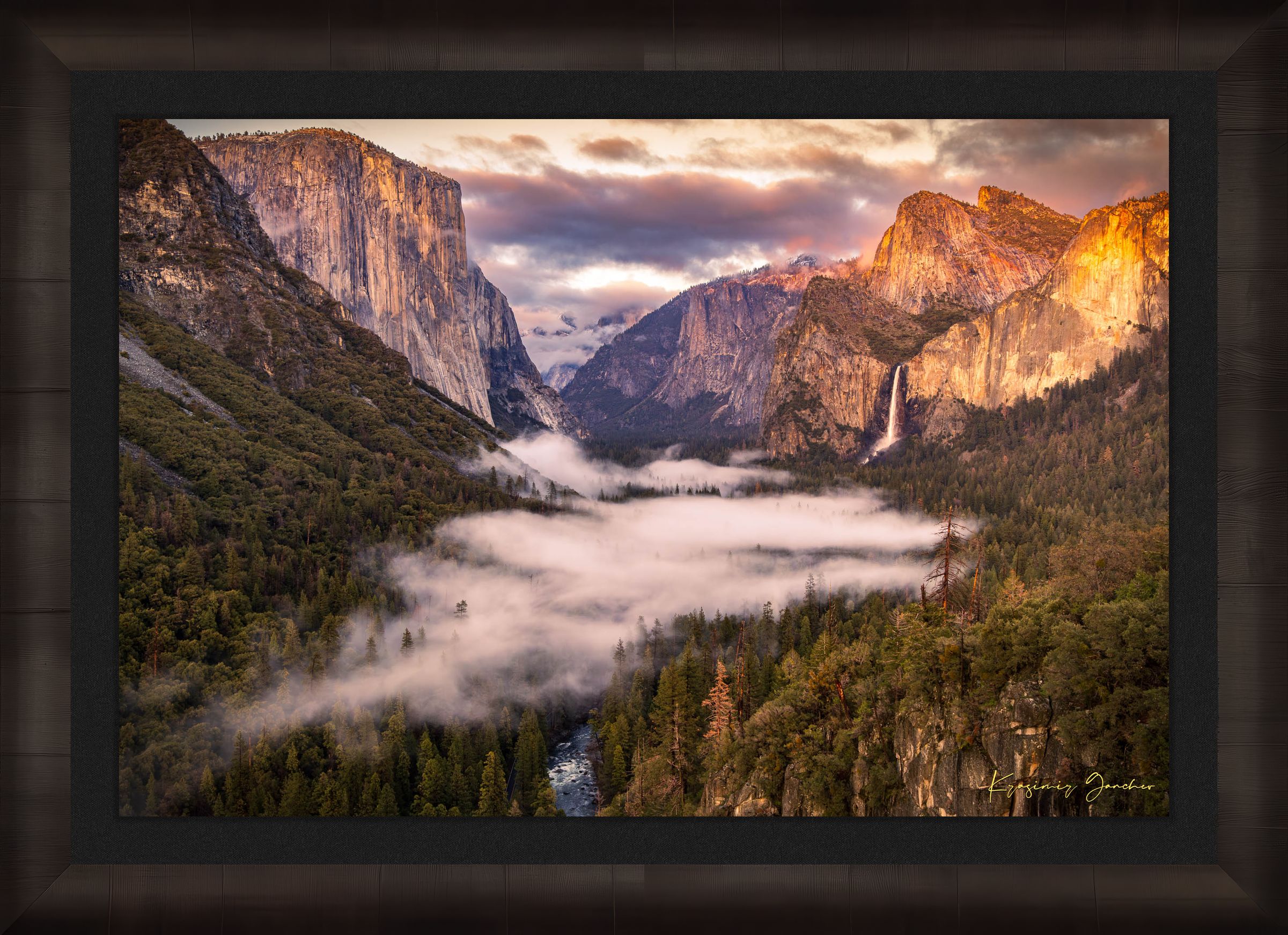 El Capitan silhouetted against sunset in Yosemite Valley, mist rising from river and waterfall beneath cloudy sky. #Finish_Roma Dark Ash Frame & Dark Liner