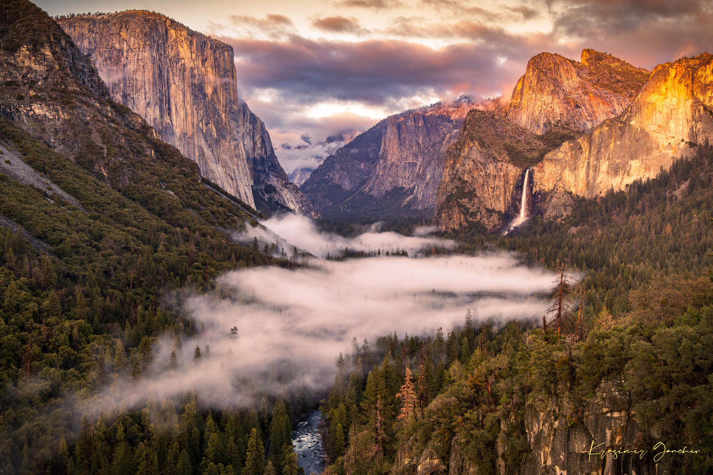 El Capitan silhouetted against sunset in Yosemite Valley, mist rising from river and waterfall beneath cloudy sky. #Finish_Acrylic Recess