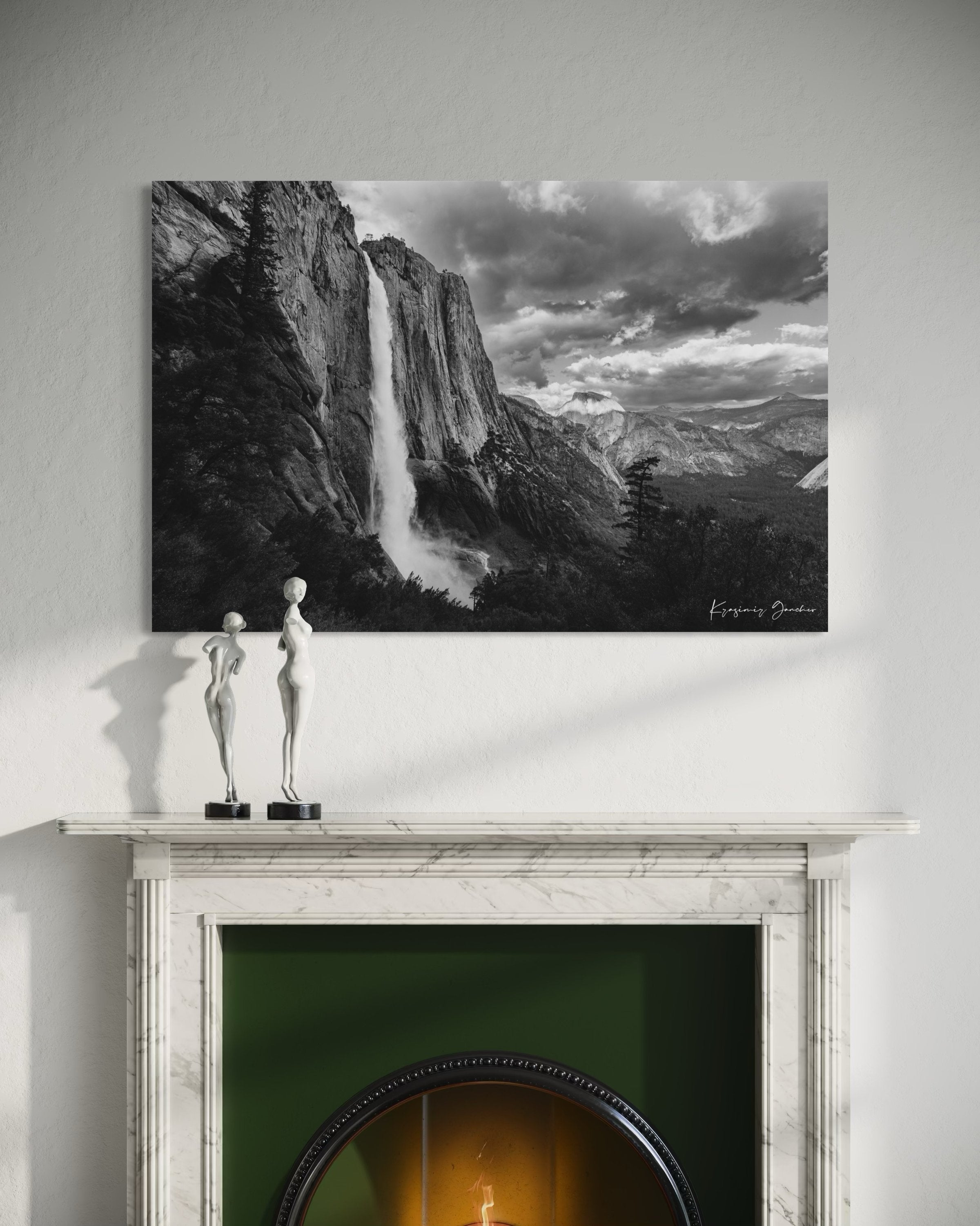 Yosemite Falls during twilight under cloudy sky, abstract water flow against monolithic rock face. #Finish_Acrylic Recess