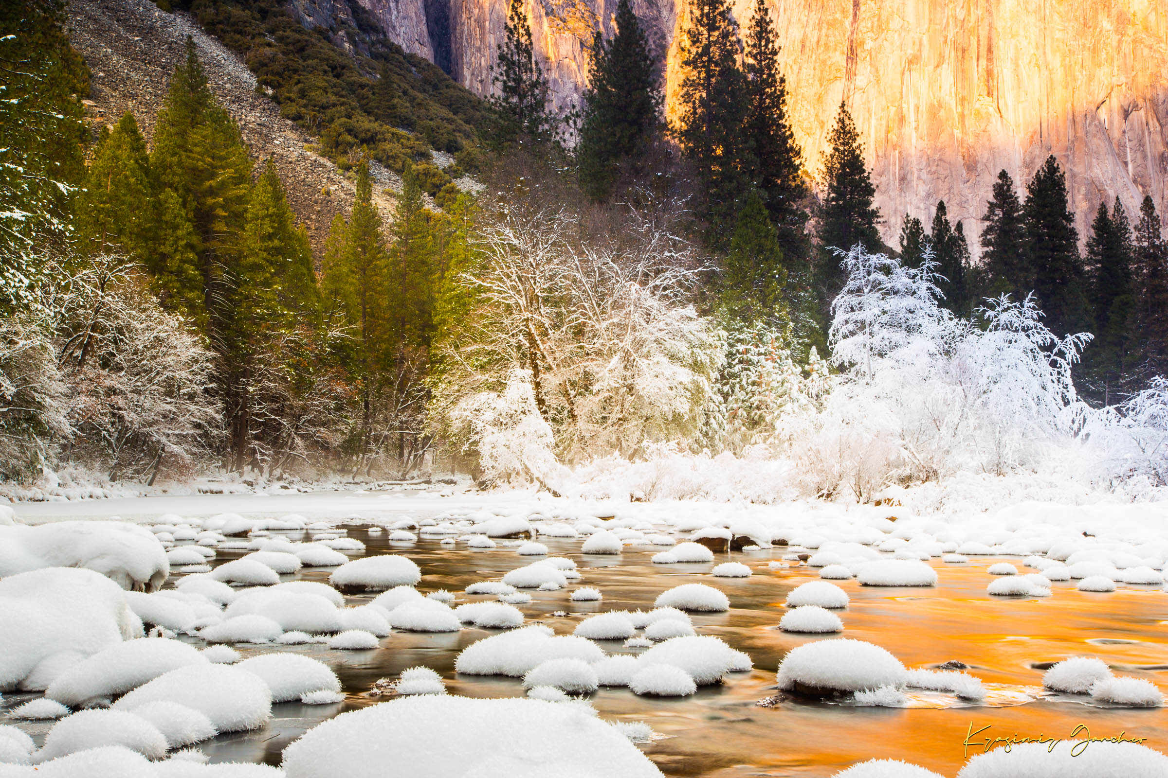 Merced River flowing through Yosemite National Park during sunset with golden light reflecting on snowy granite rock faces. #Finish_Acrylic Recess