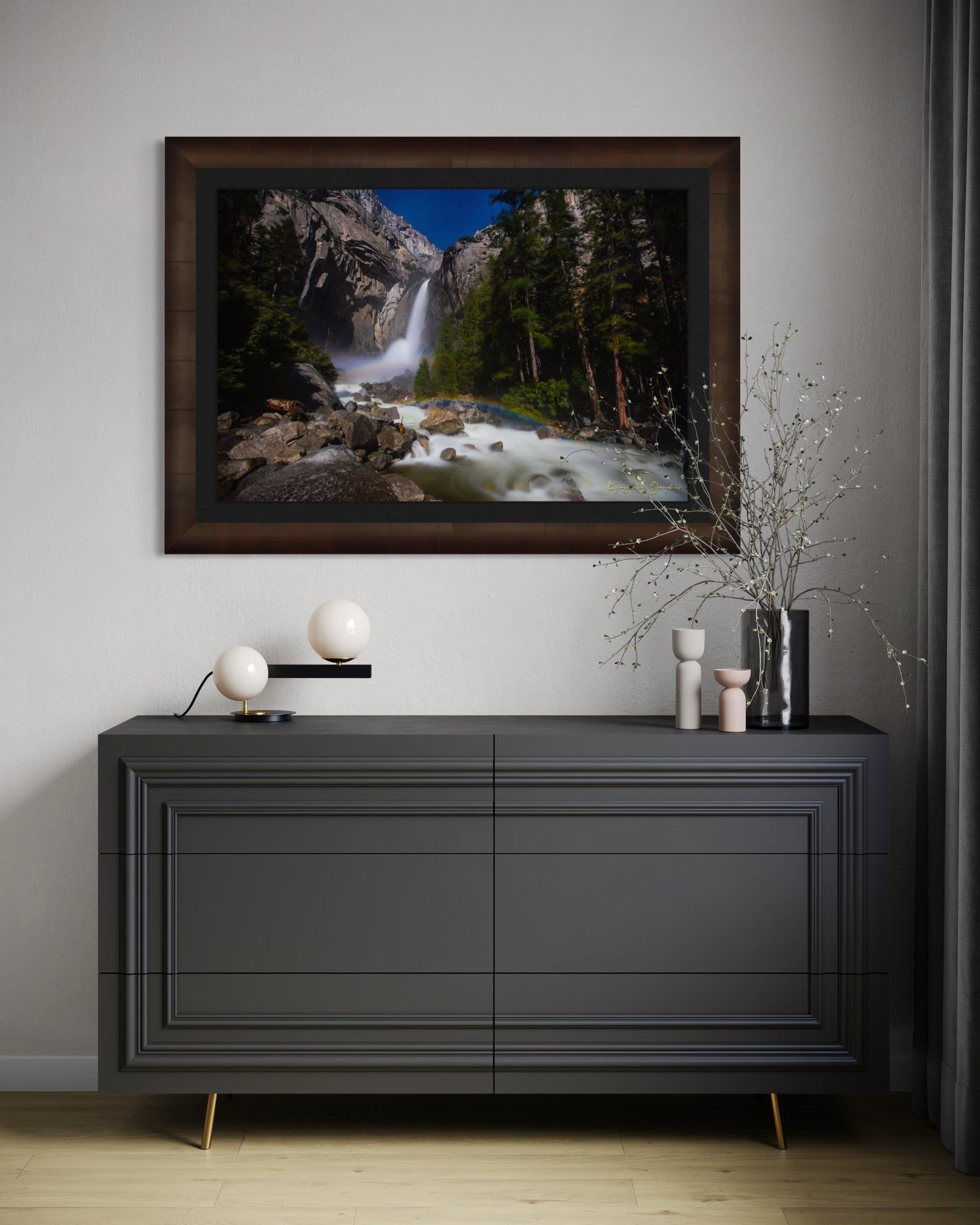 Yosemite Falls illuminated by starlight and an arc of moonbow, long exposure capturing flowing water against a clouded sky. #Finish_Roma Cigar Leaf Frame & Dark Liner