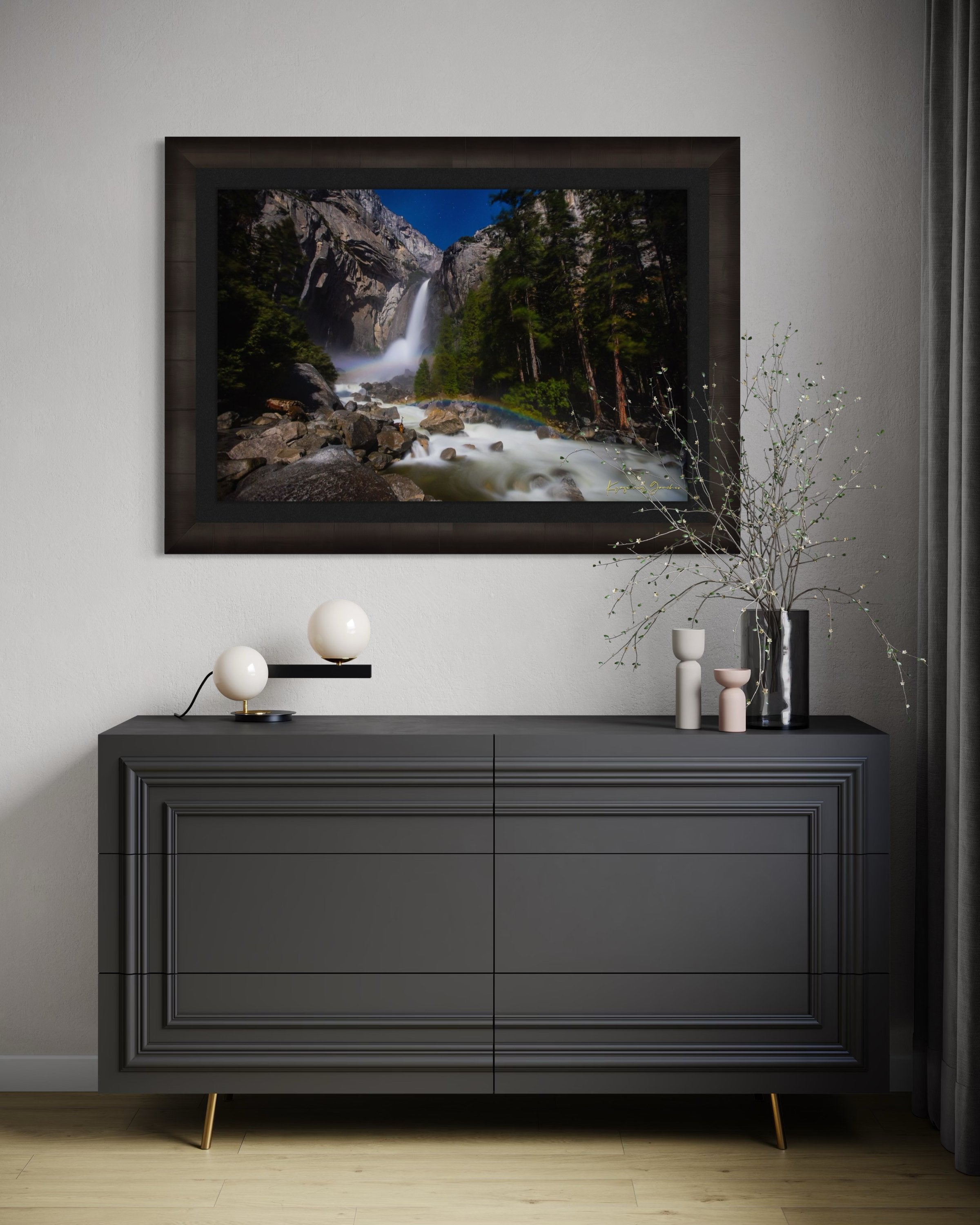 Yosemite Falls illuminated by starlight and an arc of moonbow, long exposure capturing flowing water against a clouded sky. #Finish_Roma Dark Ash Frame & Dark Liner