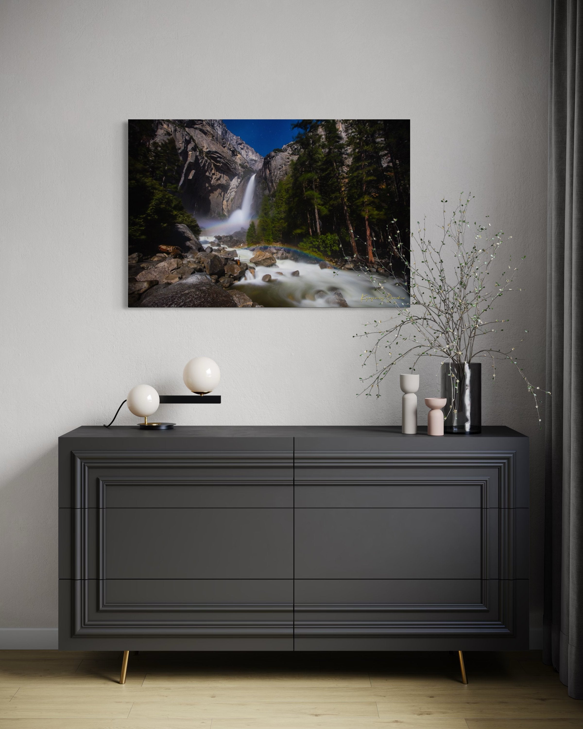 Yosemite Falls illuminated by starlight and an arc of moonbow, long exposure capturing flowing water against a clouded sky. #Finish_Acrylic Recess