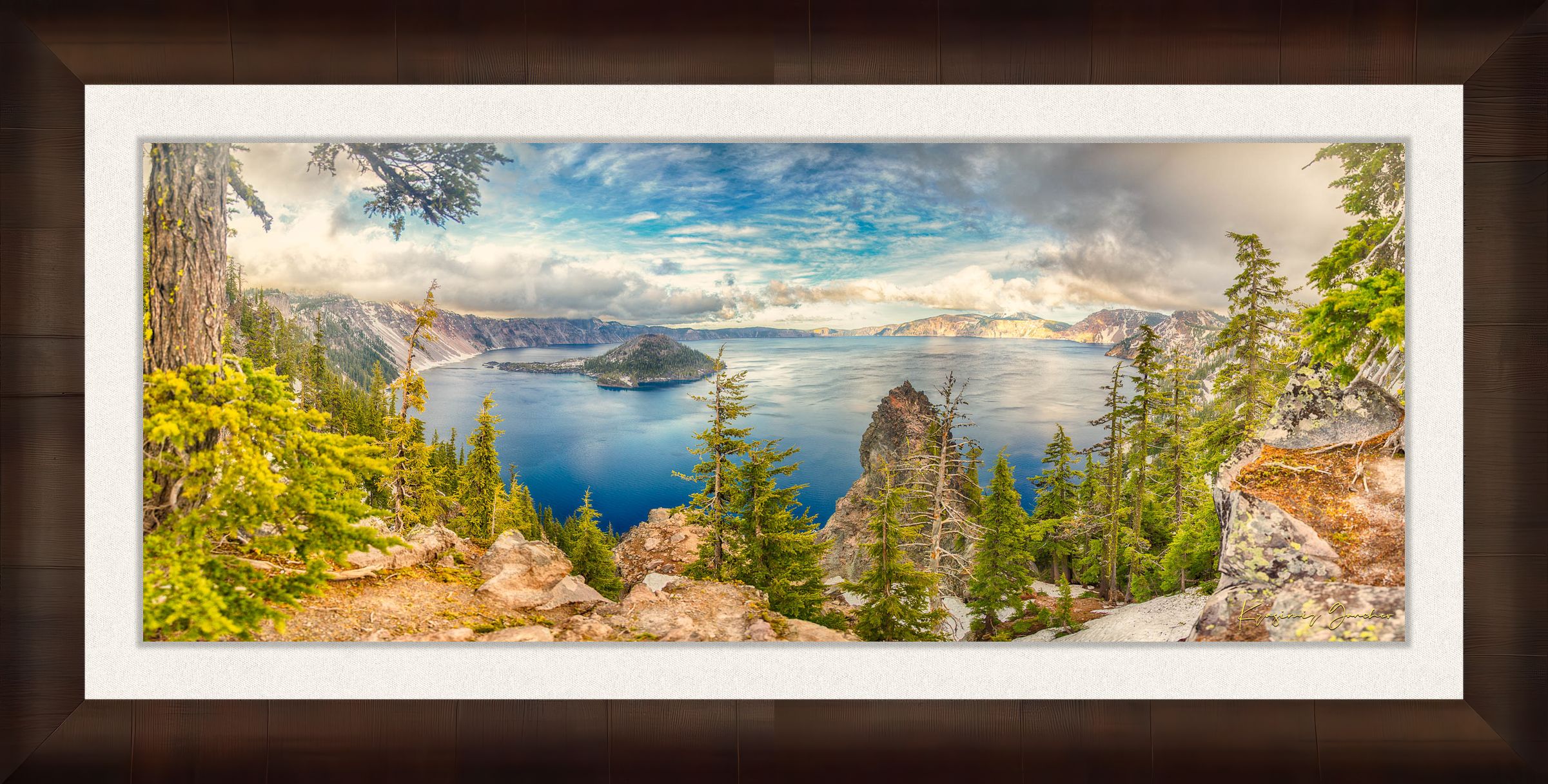 Crater Lake inside a caldera in Crater Lake National Park, Oregon, viewed from a wide angle at sunset with clouds in the sky. #Finish_Roma Cigar Leaf Frame & Bright Liner