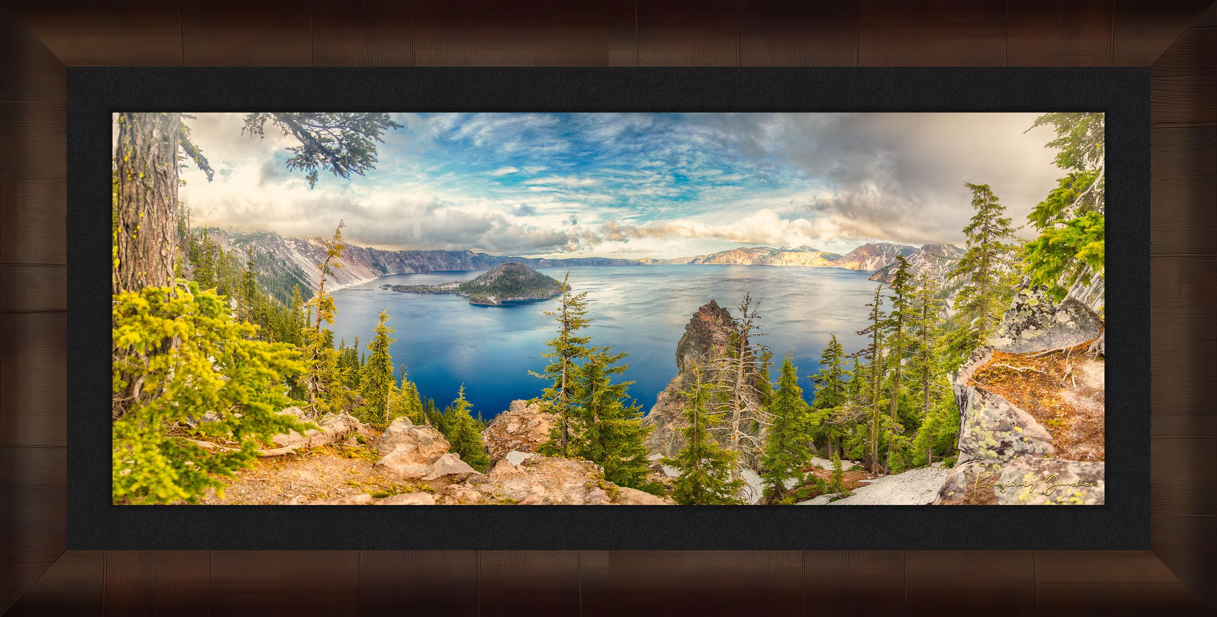 Crater Lake inside a caldera in Crater Lake National Park, Oregon, viewed from a wide angle at sunset with clouds in the sky. #Finish_Roma Cigar Leaf Frame & Dark Liner