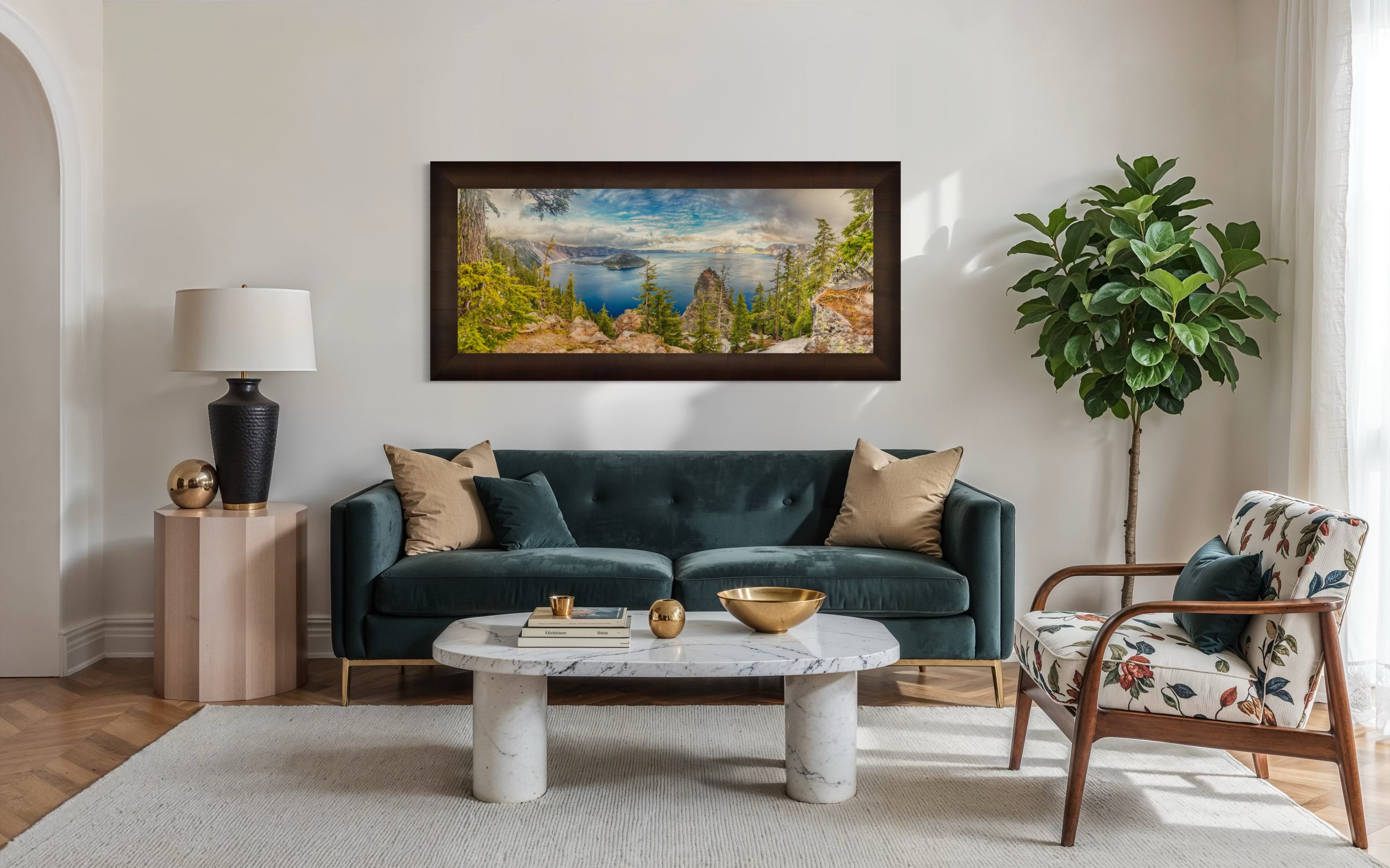 Crater Lake inside a caldera in Crater Lake National Park, Oregon, viewed from a wide angle at sunset with clouds in the sky. #Finish_Roma Cigar Leaf Frame