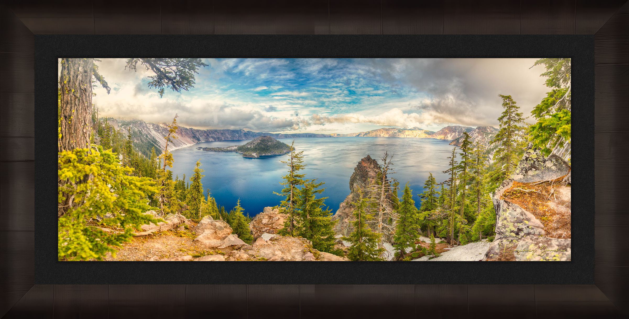 Crater Lake inside a caldera in Crater Lake National Park, Oregon, viewed from a wide angle at sunset with clouds in the sky. #Finish_Roma Dark Ash Frame & Dark Liner