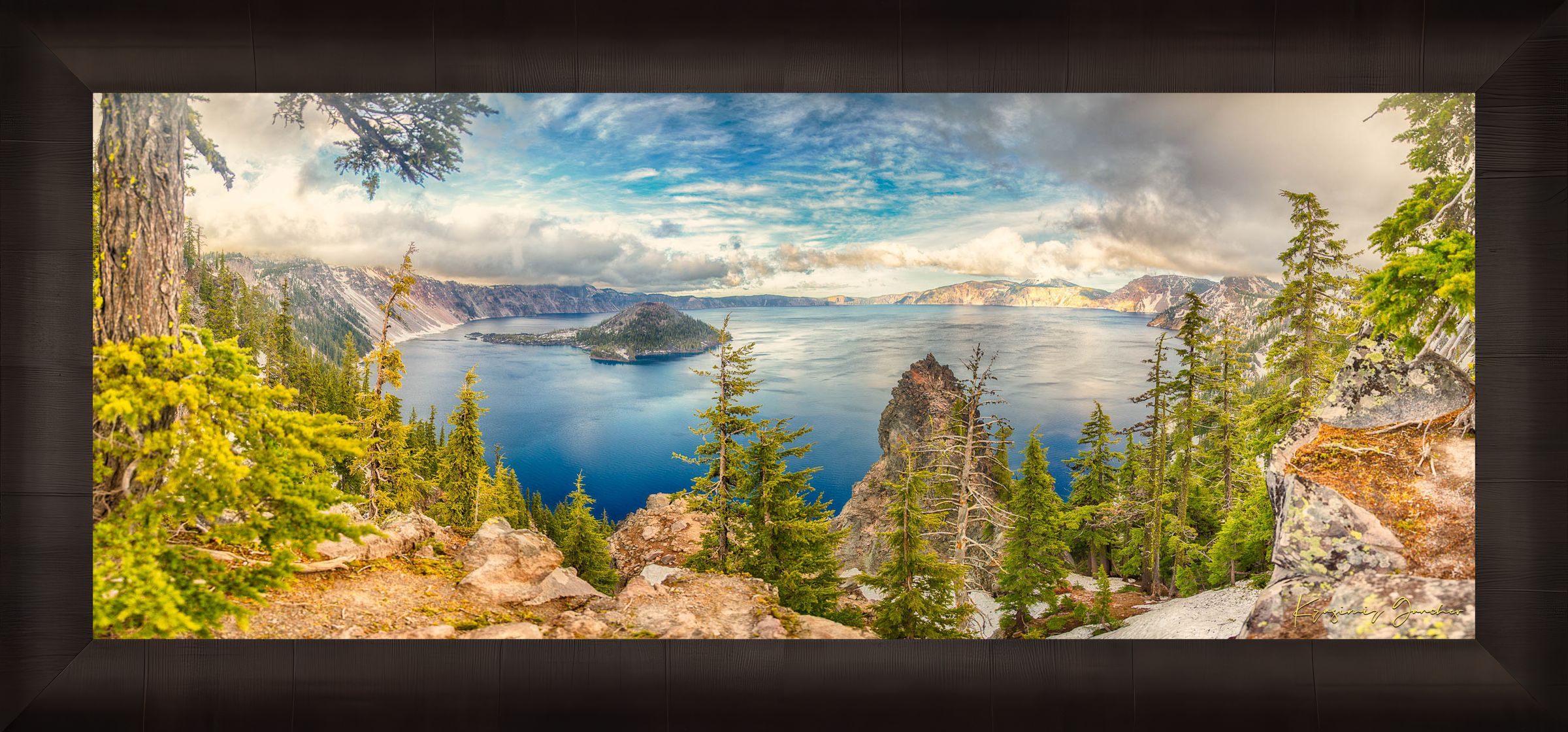 Crater Lake inside a caldera in Crater Lake National Park, Oregon, viewed from a wide angle at sunset with clouds in the sky. #Finish_Roma Dark Ash Frame