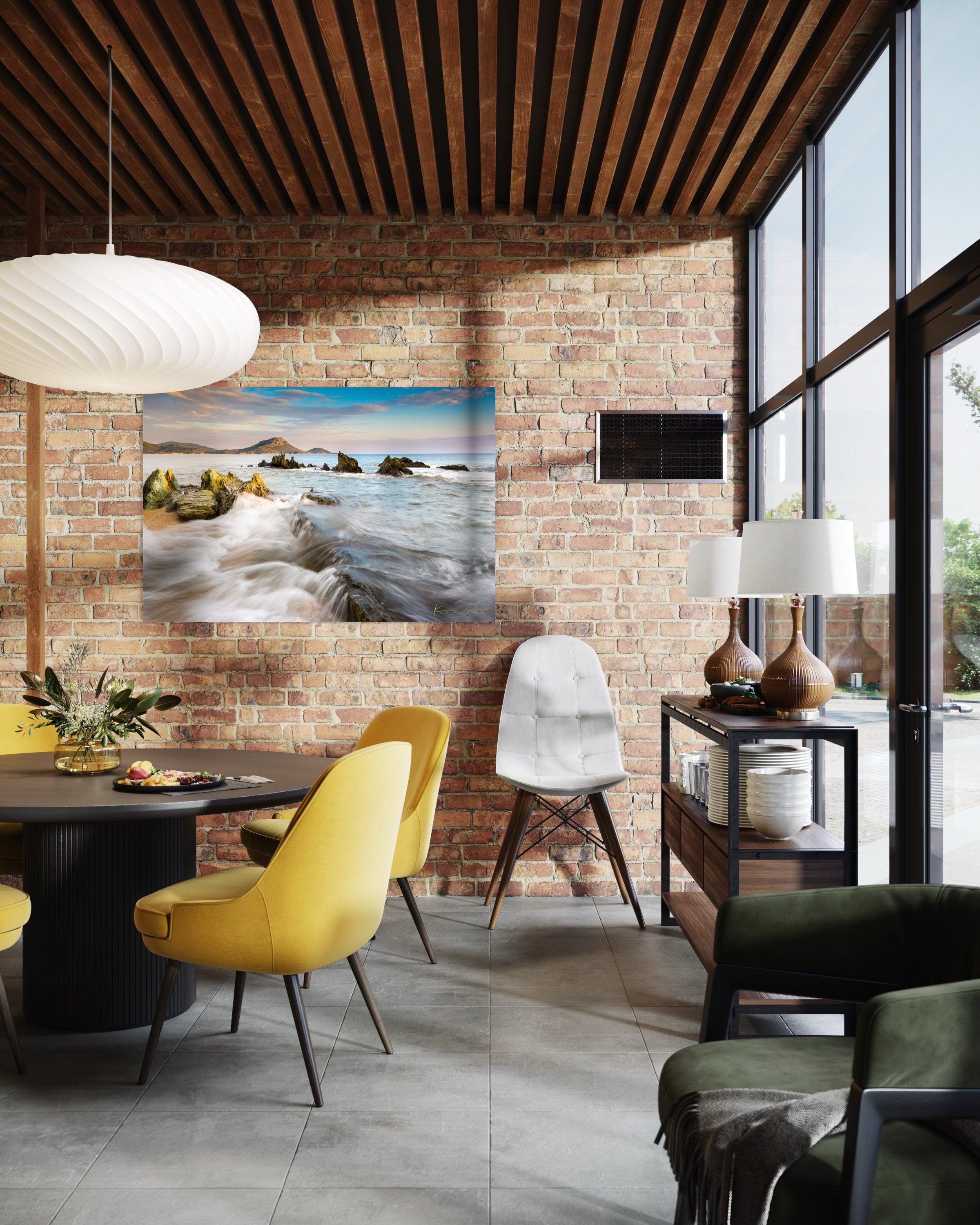 Sunset view of Sithonia's coastline featuring sea, rocky beach, scattered boulders, and gentle waves. #Finish_Acrylic Recess