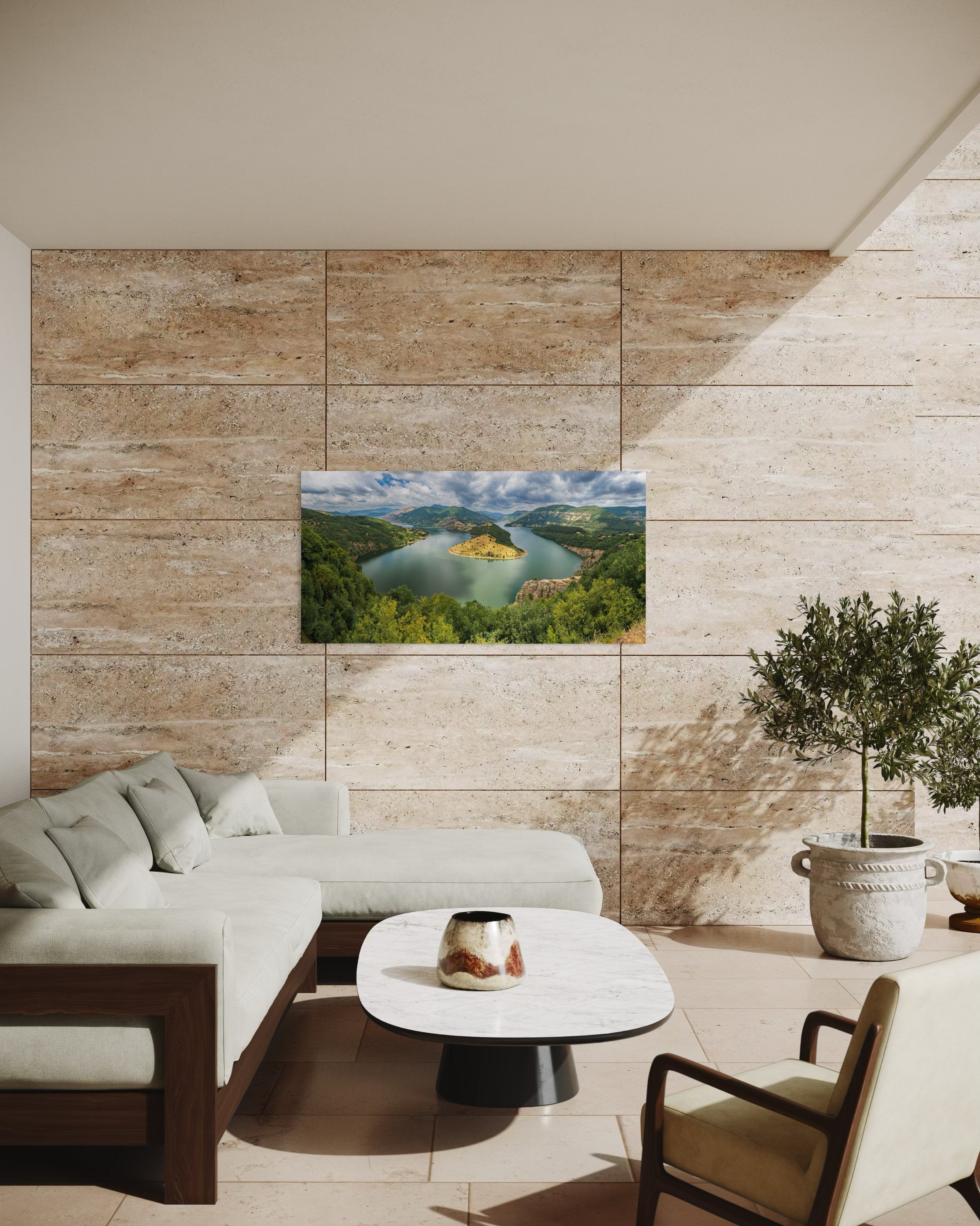 Sinuous Arda River flowing through a river meander in Ribartsi during daylight, cloudy sky. #Finish_Acrylic Recess