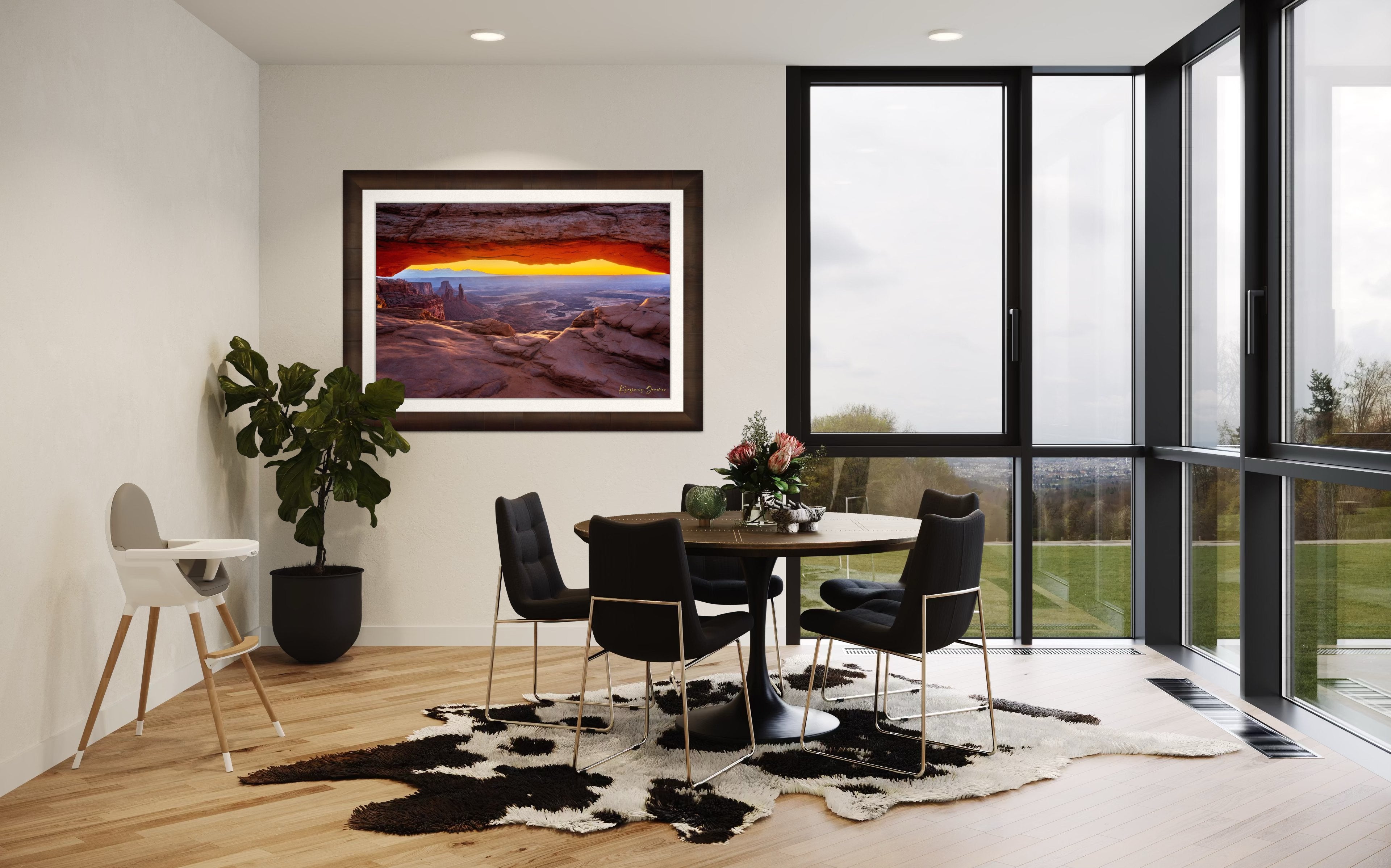 Mesa Arch in Canyonlands National Park framing a sunrise horizon under hazy skies, with golden rays illuminating rock formations. #Finish_Roma Cigar Leaf Frame & Bright Liner