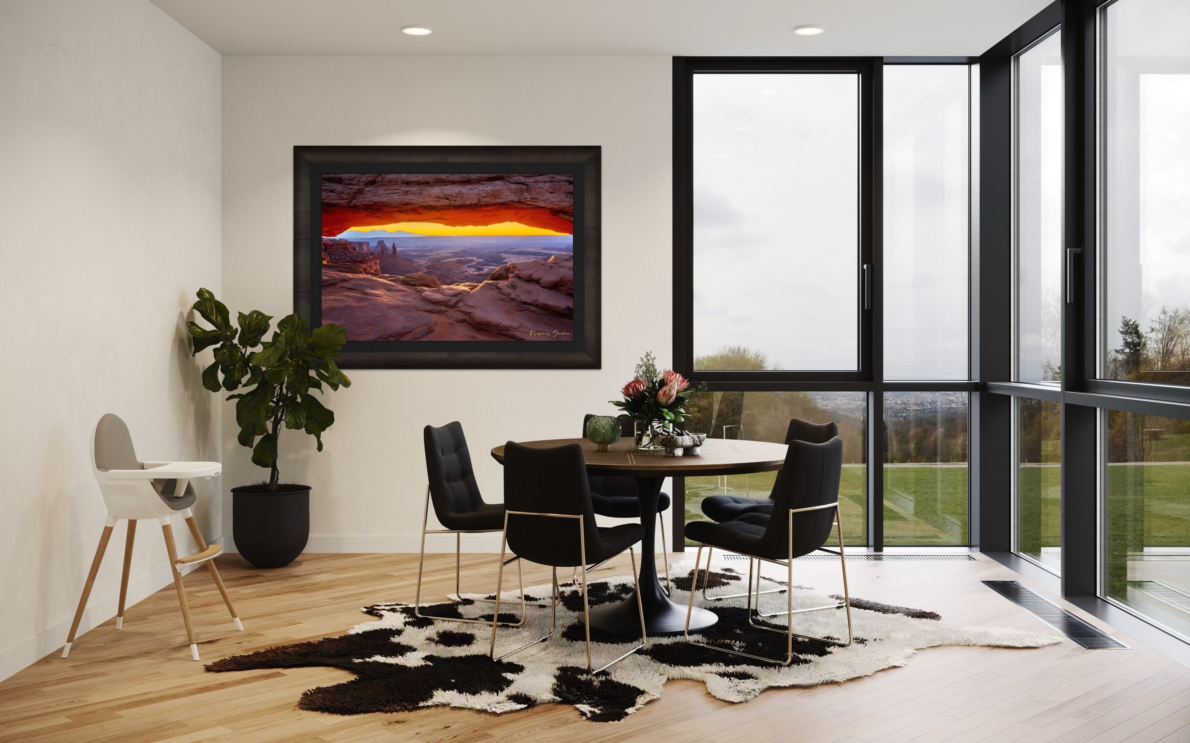 Mesa Arch in Canyonlands National Park framing a sunrise horizon under hazy skies, with golden rays illuminating rock formations. #Finish_Roma Dark Ash Frame & Dark Liner