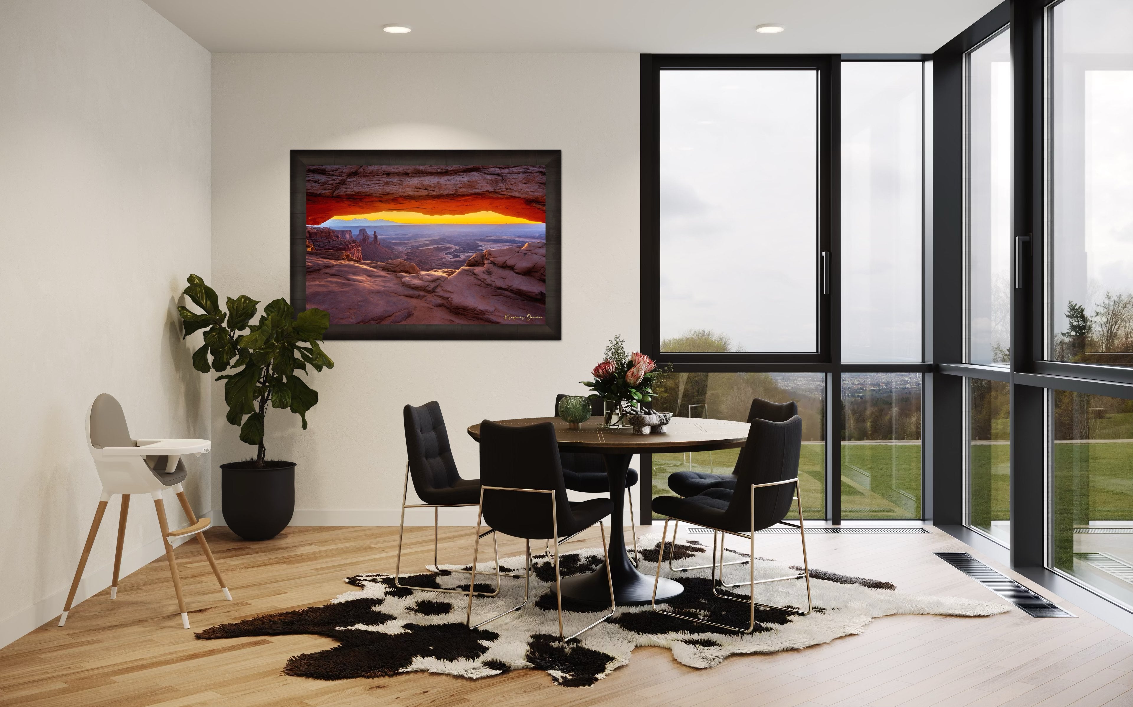 Mesa Arch in Canyonlands National Park framing a sunrise horizon under hazy skies, with golden rays illuminating rock formations. #Finish_Roma Dark Ash Frame