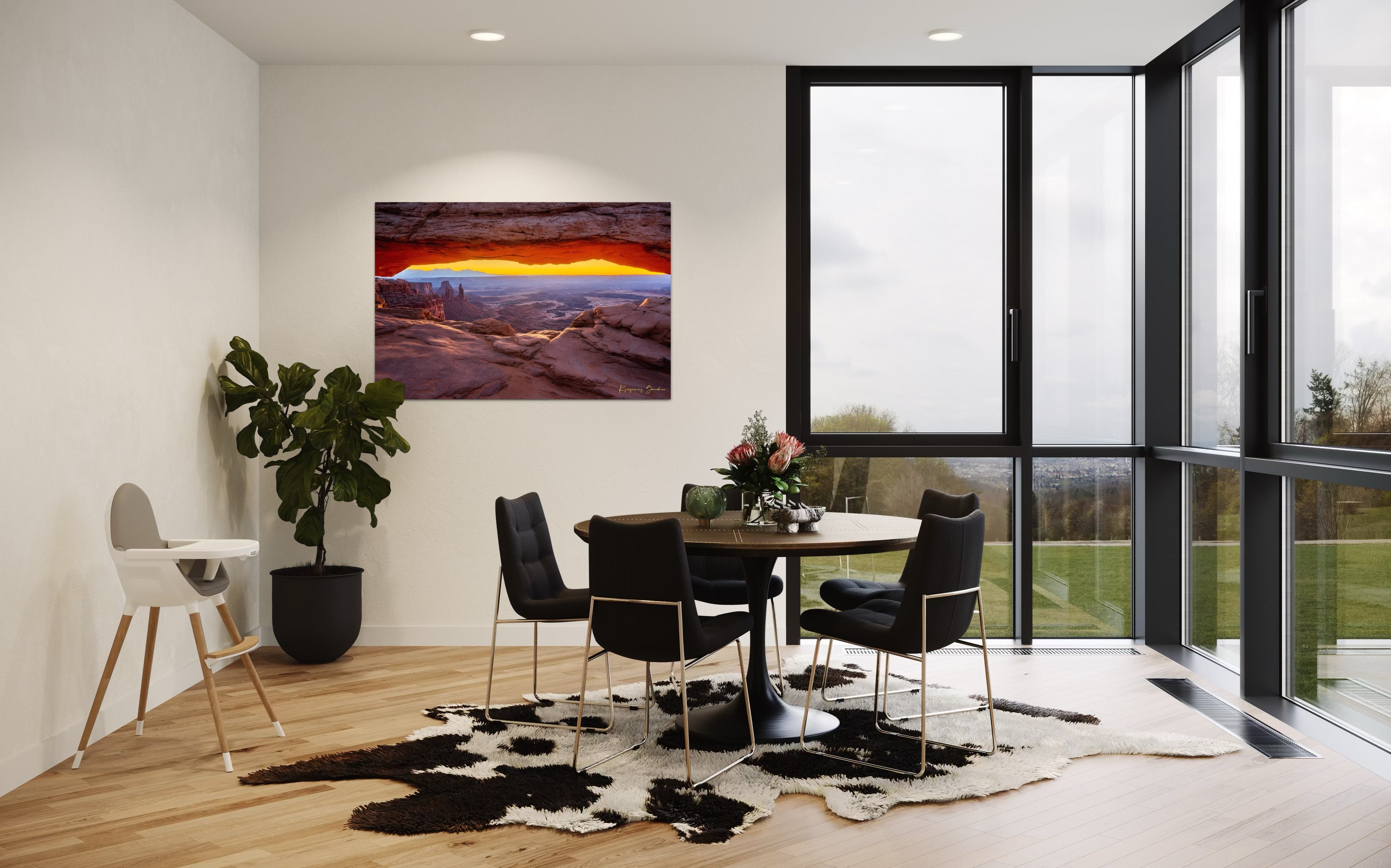 Mesa Arch in Canyonlands National Park framing a sunrise horizon under hazy skies, with golden rays illuminating rock formations. #Finish_Acrylic Recess