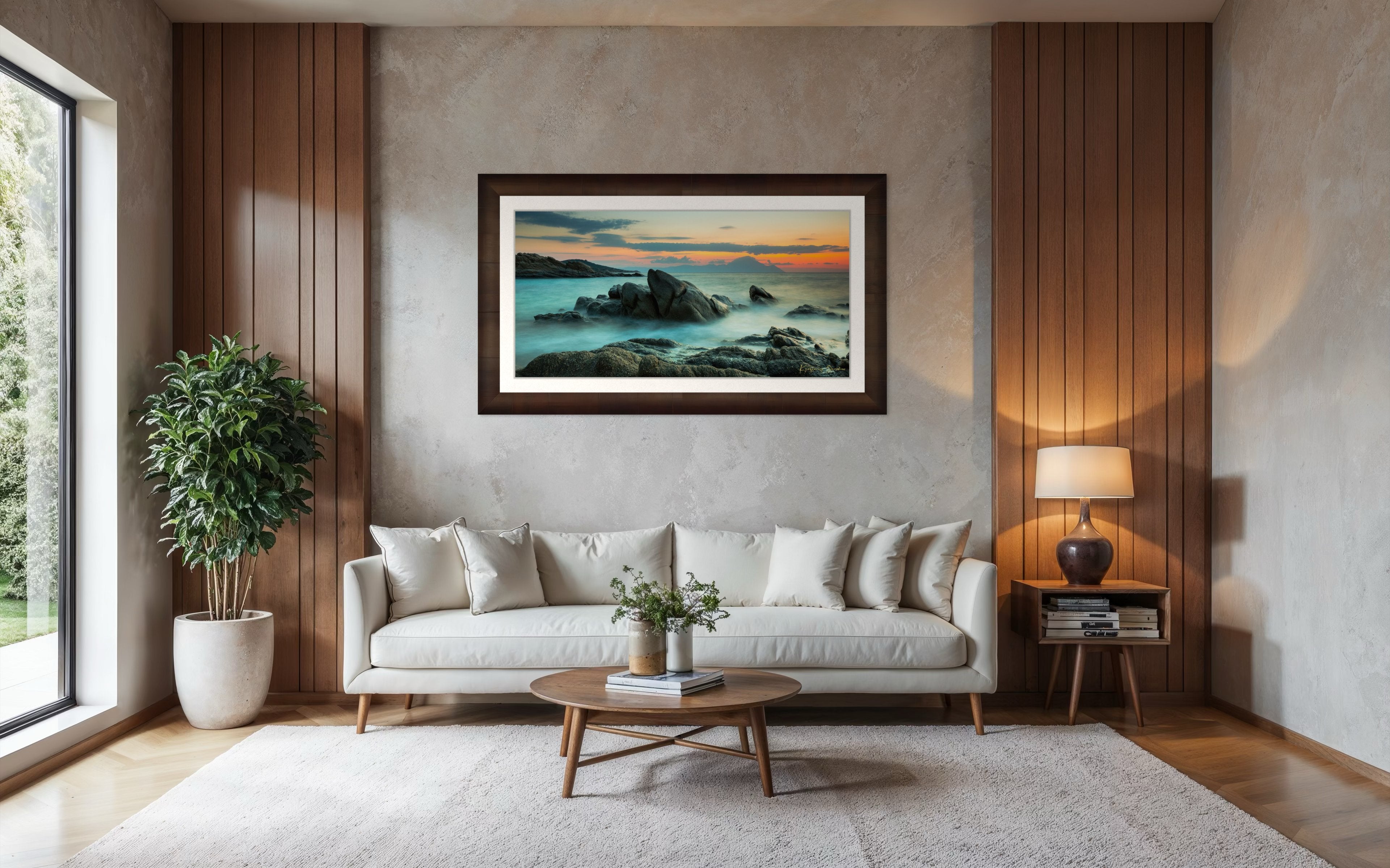 Sunrise long exposure at Sarti featuring coastal rock formations, sea stacks, cloud-covered sky, and soft waves. #Finish_Roma Cigar Leaf Frame & Bright Liner