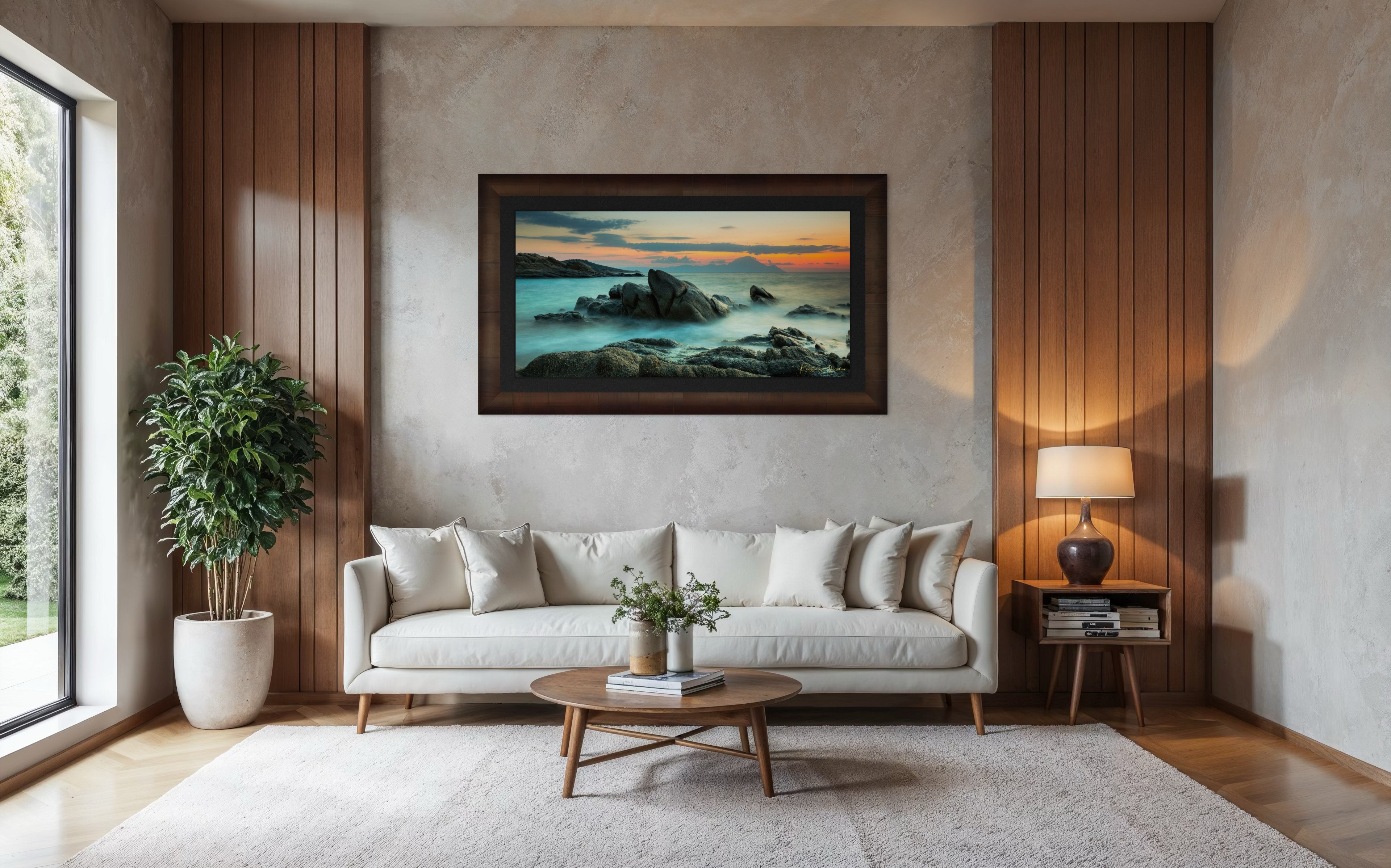 Sunrise long exposure at Sarti featuring coastal rock formations, sea stacks, cloud-covered sky, and soft waves. #Finish_Roma Cigar Leaf Frame & Dark Liner