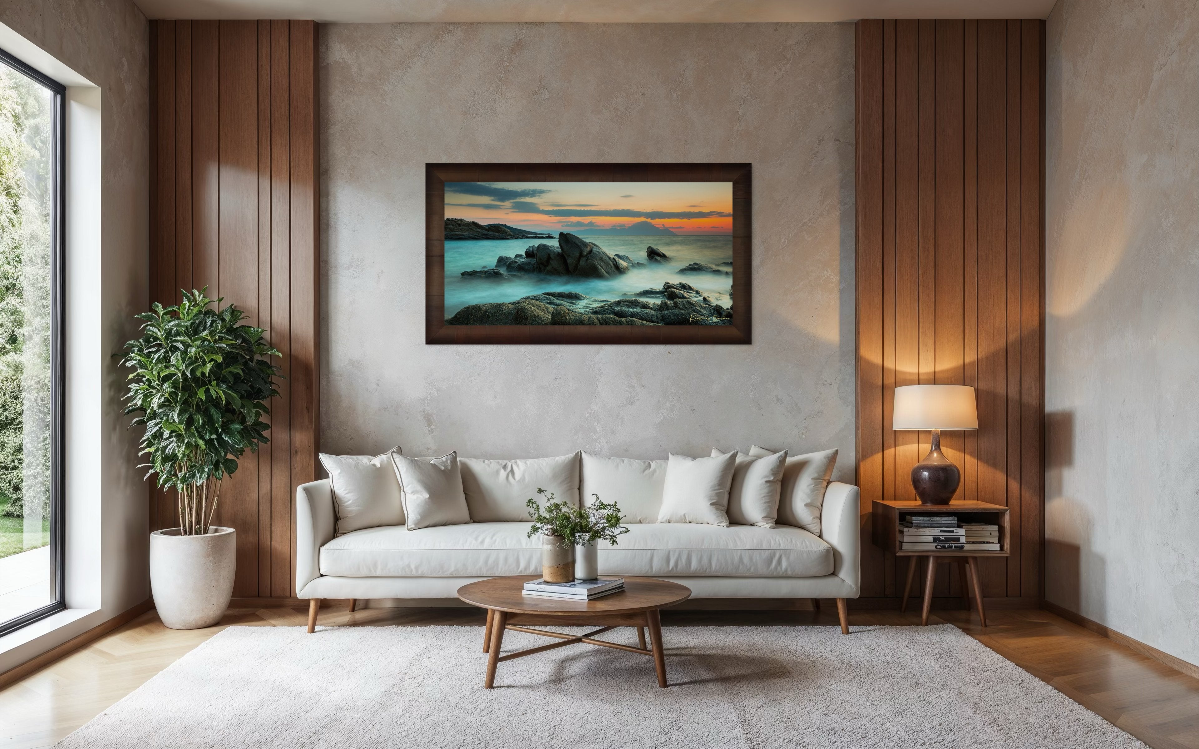 Sunrise long exposure at Sarti featuring coastal rock formations, sea stacks, cloud-covered sky, and soft waves. #Finish_Roma Cigar Leaf Frame