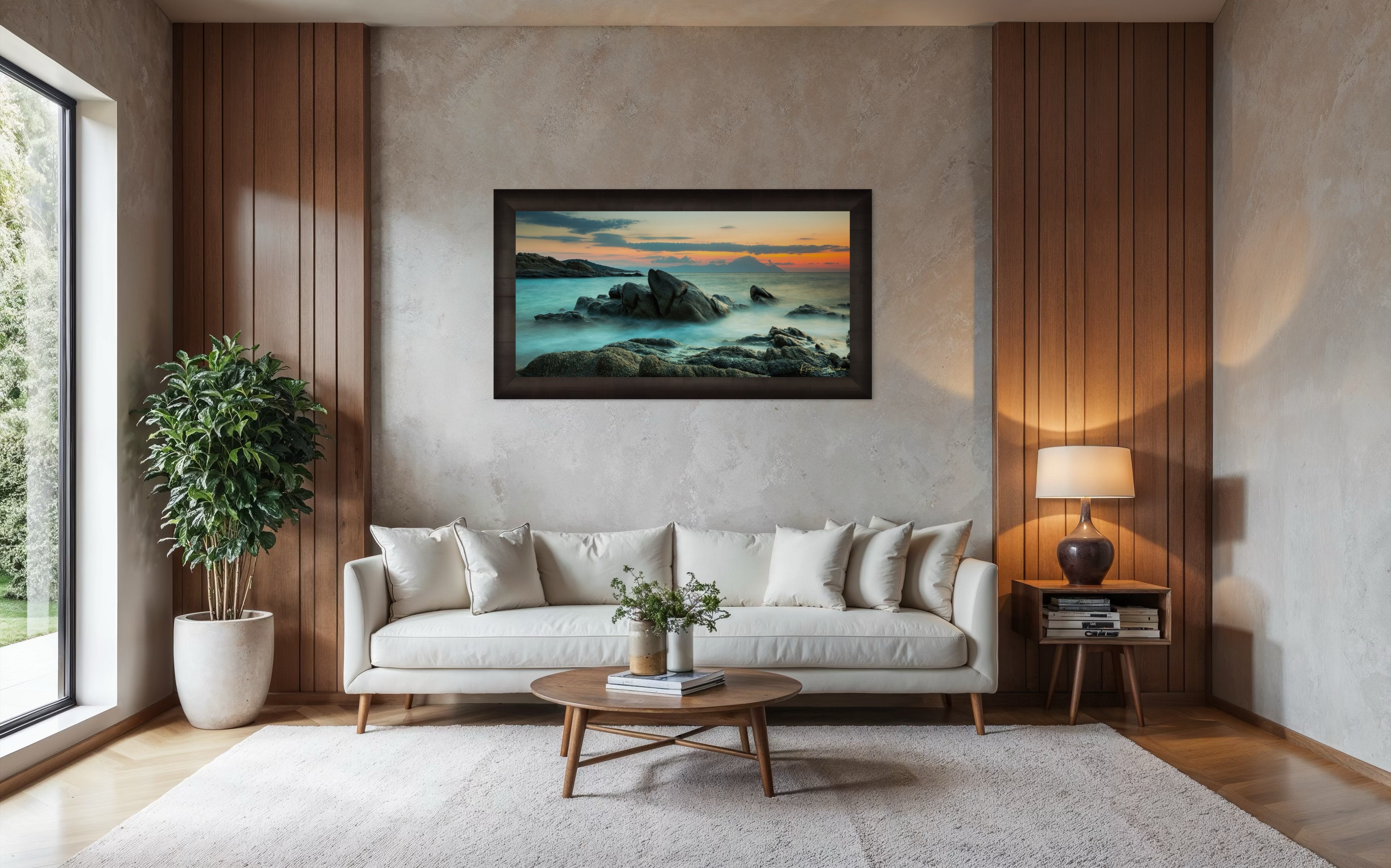 Sunrise long exposure at Sarti featuring coastal rock formations, sea stacks, cloud-covered sky, and soft waves. #Finish_Roma Dark Ash Frame