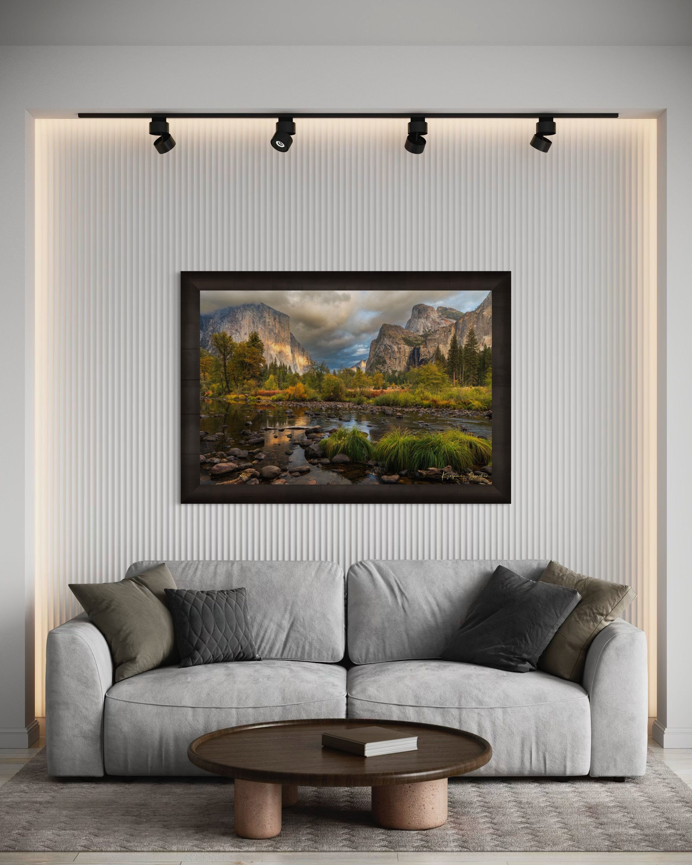 El Capitan at sunset in Yosemite Valley, golden light reflecting off the river amid clouds and seasonal tree colors. #Finish_Roma Dark Ash Frame