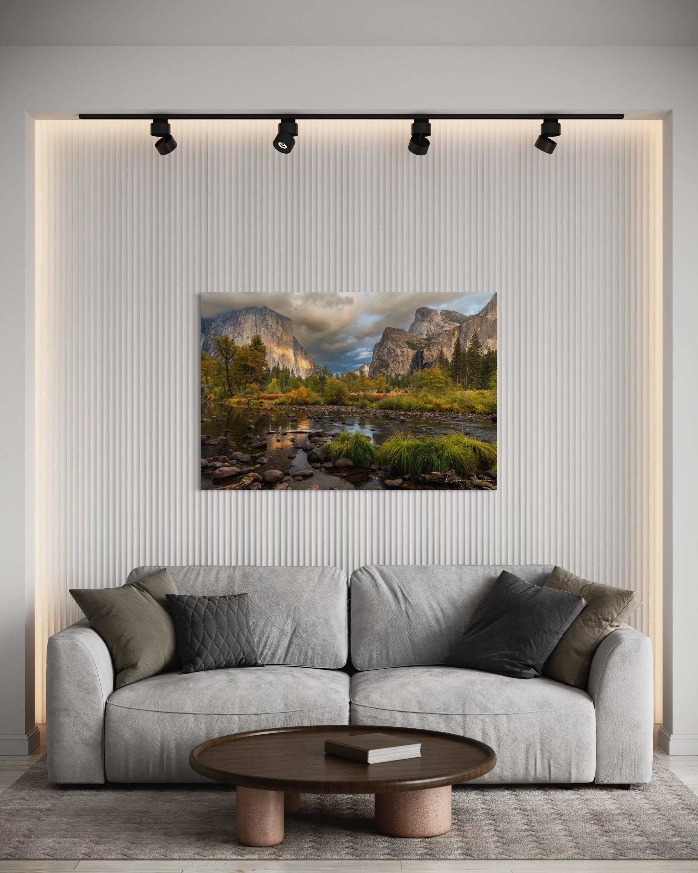 El Capitan at sunset in Yosemite Valley, golden light reflecting off the river amid clouds and seasonal tree colors. #Finish_Acrylic Recess