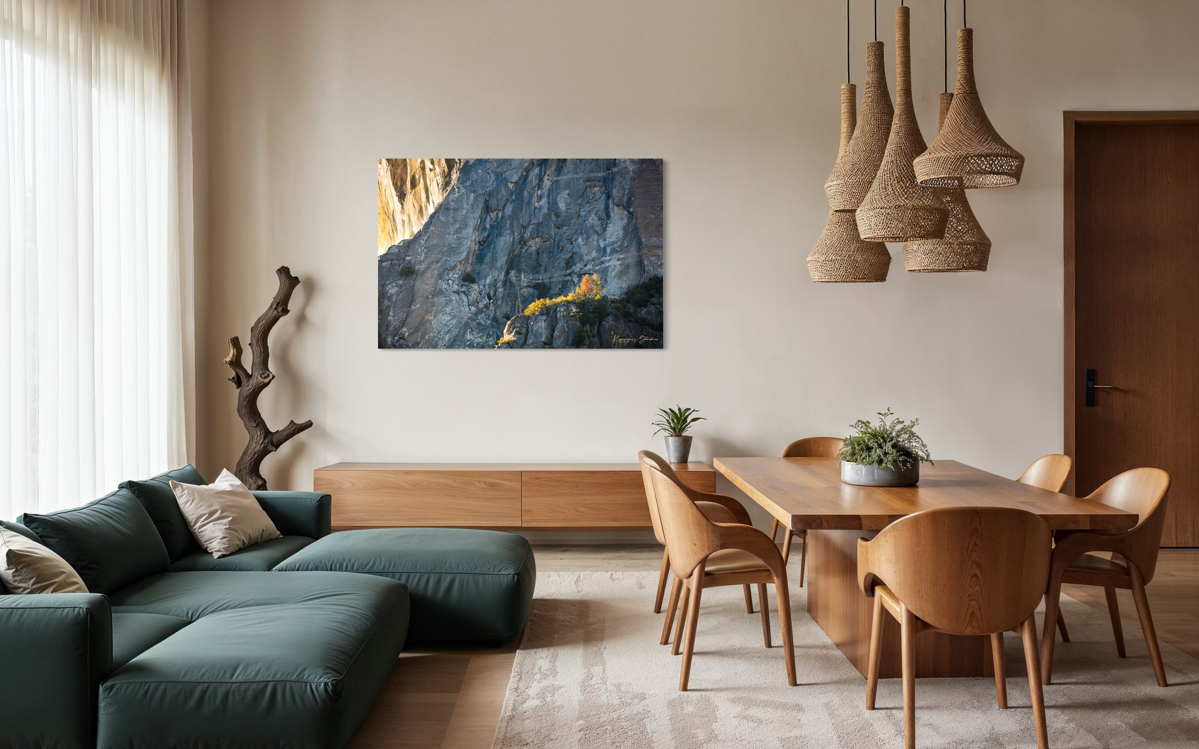 Granite monolith El Capitan in Yosemite National Park under daytime sunlight with a lone tree and clouds. #Finish_Acrylic Recess