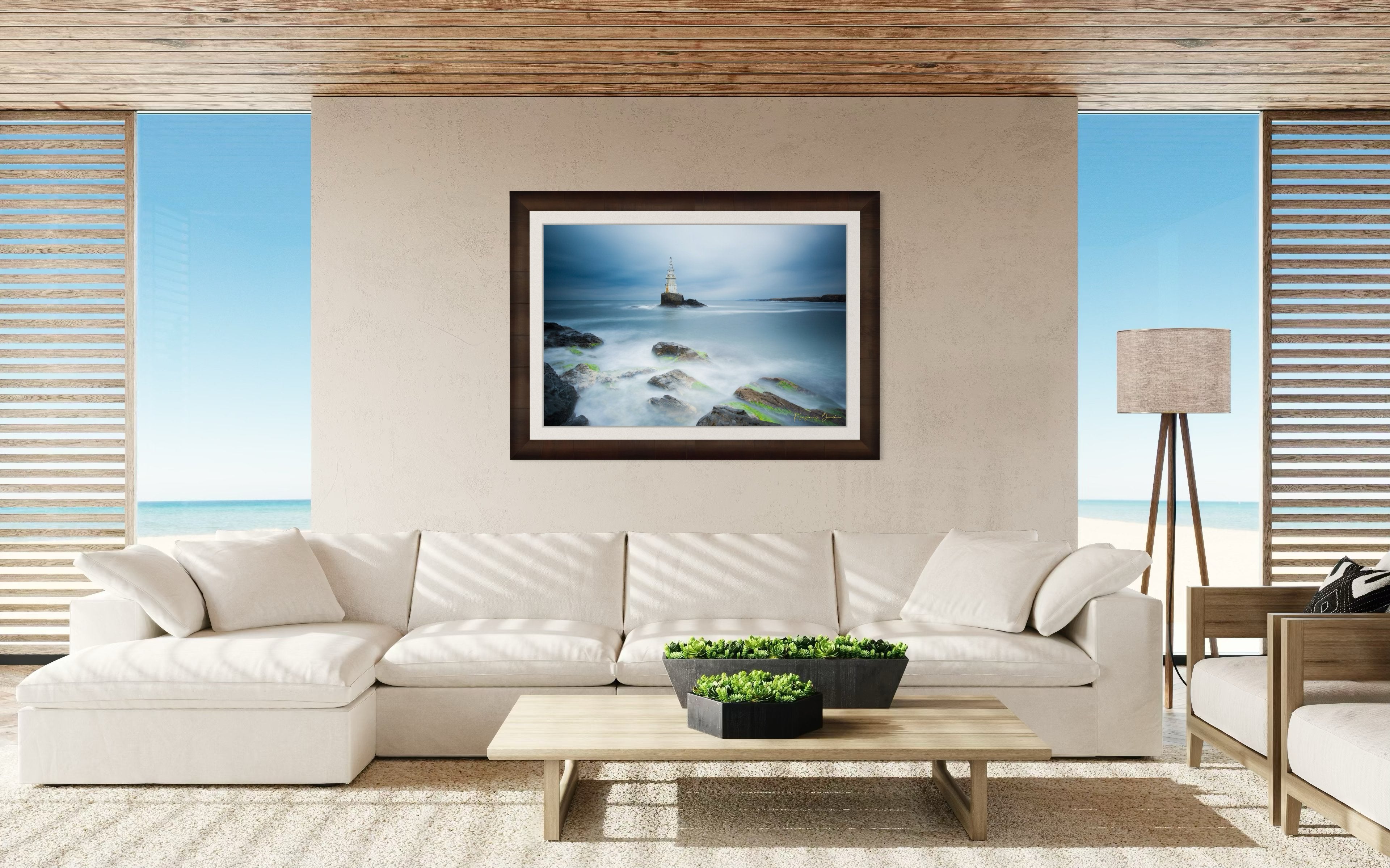 Lighthouse in Ahtopol during dusk with rocky coastal terrain, turbulent waves, and stormy skies. #Finish_Roma Cigar Leaf Frame & Bright Liner