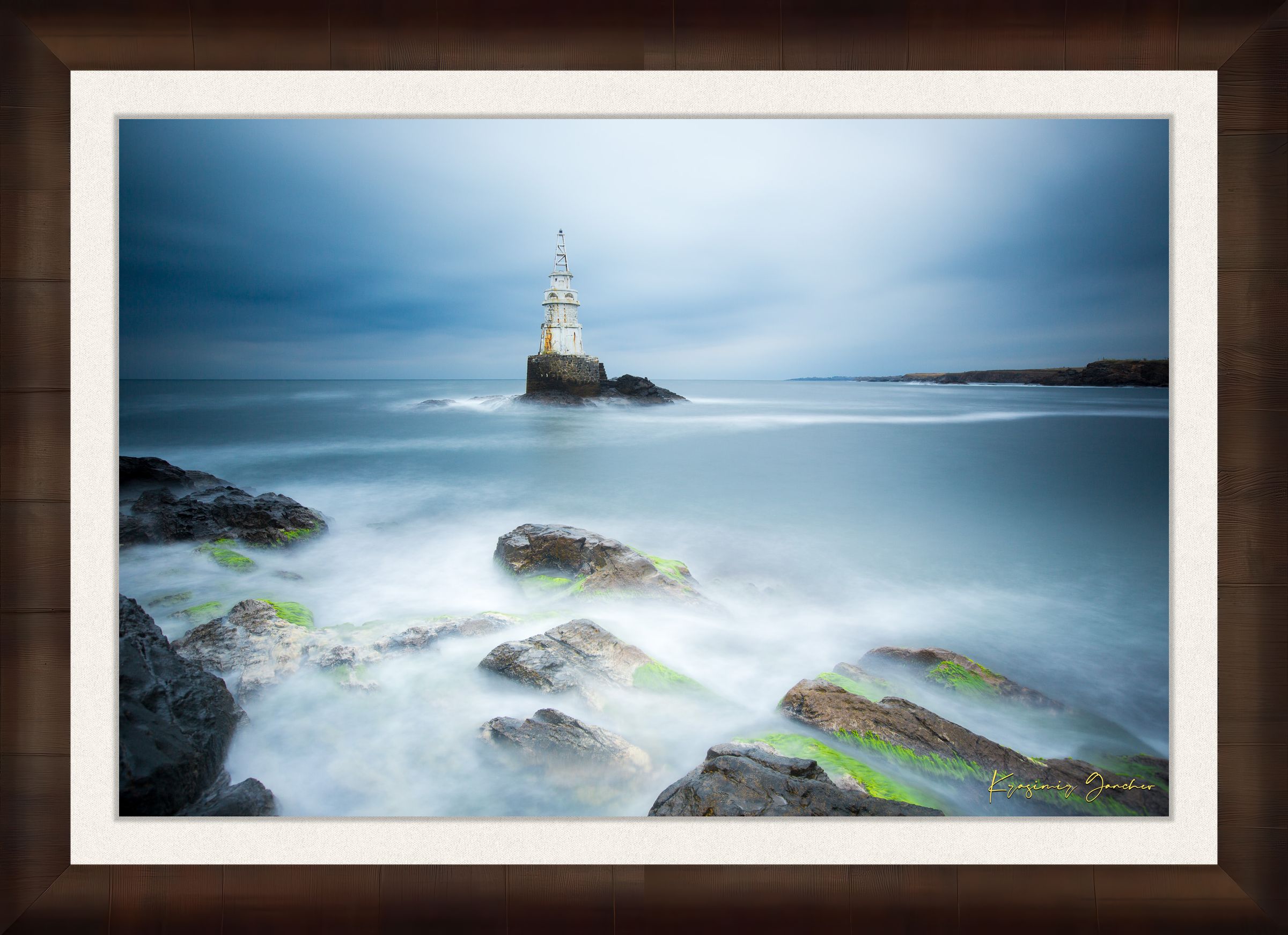 Lighthouse in Ahtopol during dusk with rocky coastal terrain, turbulent waves, and stormy skies. #Finish_Roma Cigar Leaf Frame & Bright Liner
