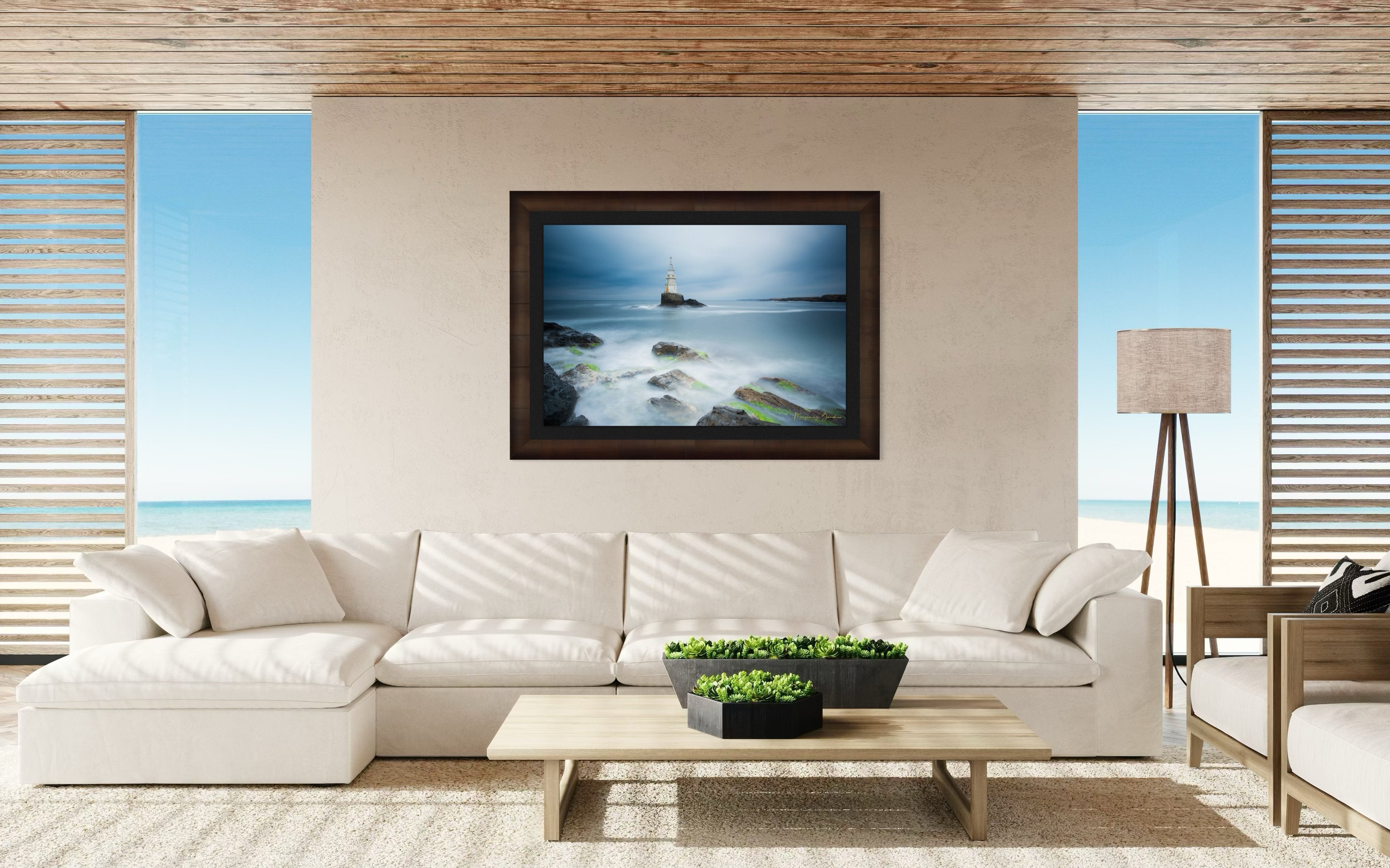 Lighthouse in Ahtopol during dusk with rocky coastal terrain, turbulent waves, and stormy skies. #Finish_Roma Cigar Leaf Frame & Dark Liner