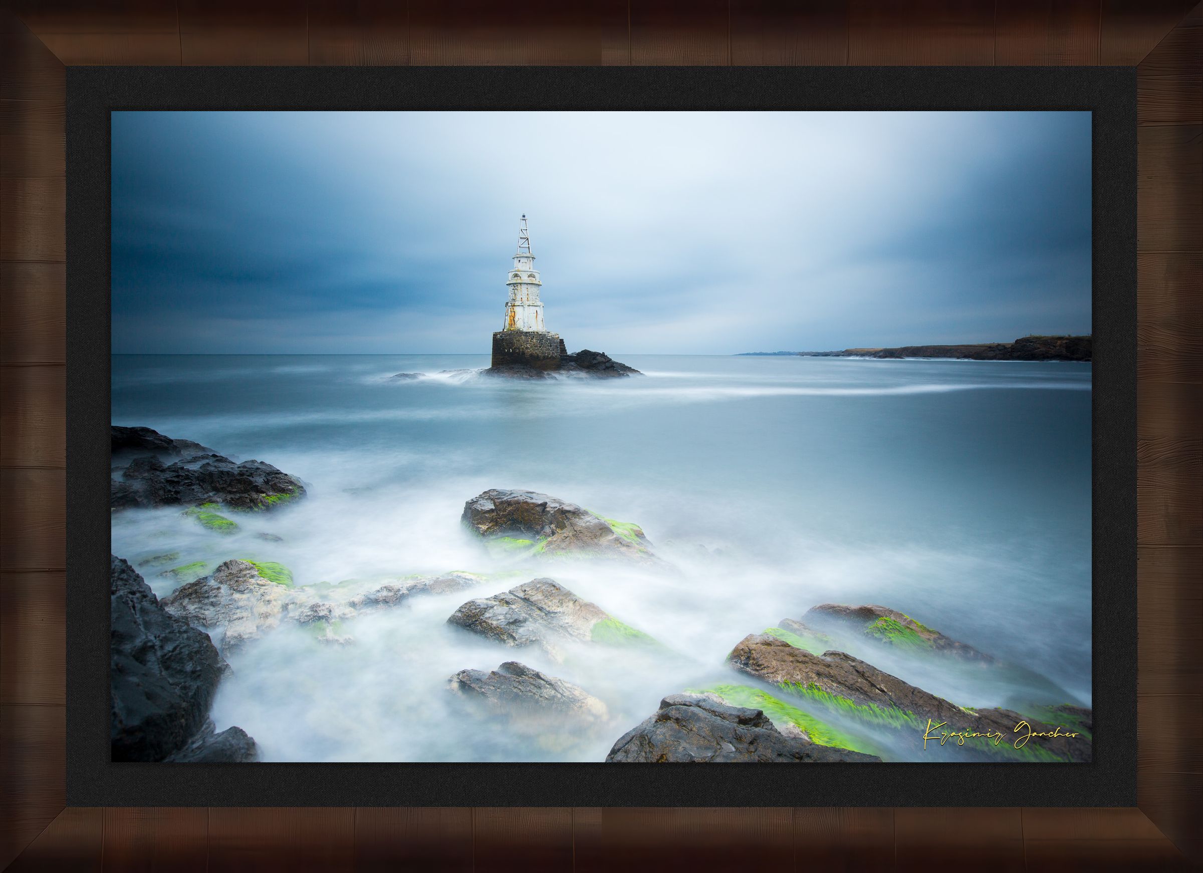 Lighthouse in Ahtopol during dusk with rocky coastal terrain, turbulent waves, and stormy skies. #Finish_Roma Cigar Leaf Frame & Dark Liner