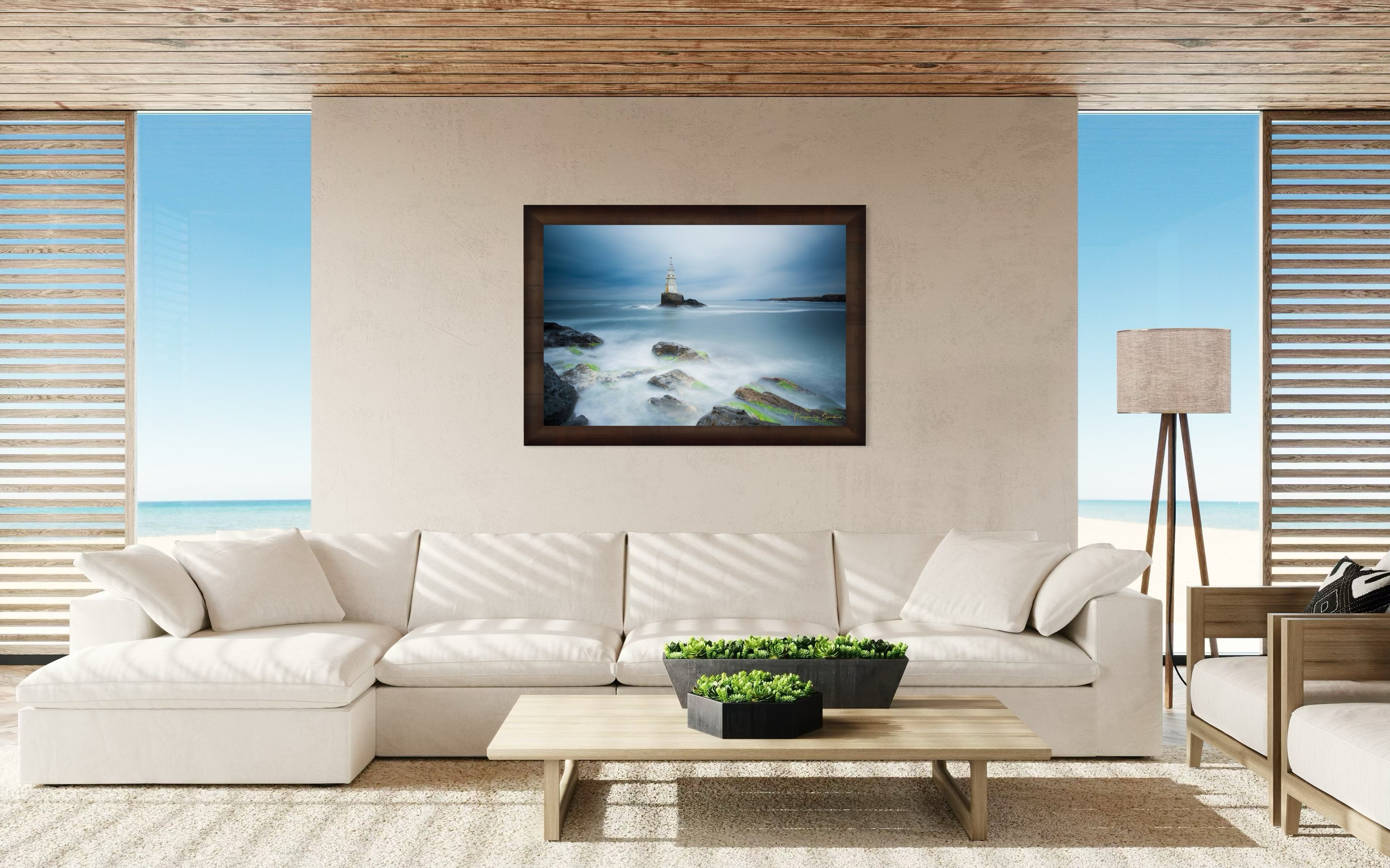 Lighthouse in Ahtopol during dusk with rocky coastal terrain, turbulent waves, and stormy skies. #Finish_Roma Cigar Leaf Frame