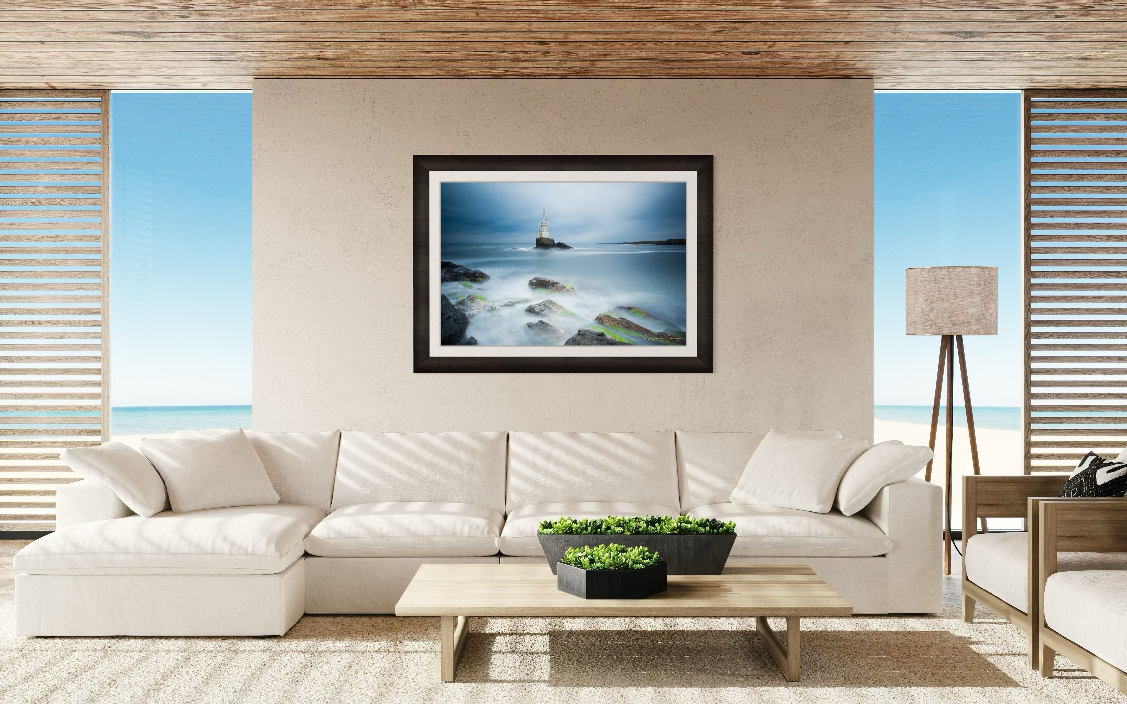 Lighthouse in Ahtopol during dusk with rocky coastal terrain, turbulent waves, and stormy skies. #Finish_Roma Dark Ash Frame & Bright Liner