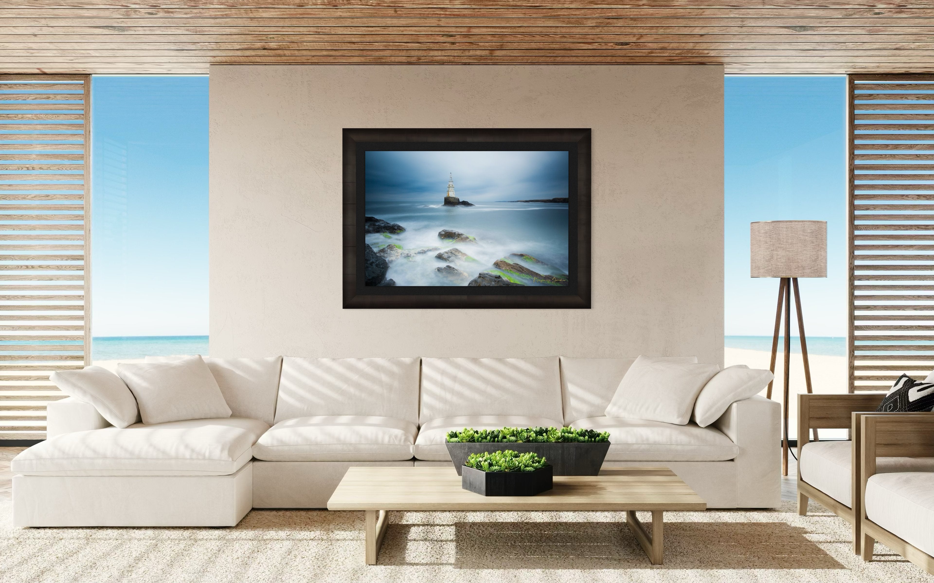 Lighthouse in Ahtopol during dusk with rocky coastal terrain, turbulent waves, and stormy skies. #Finish_Roma Dark Ash Frame & Dark Liner