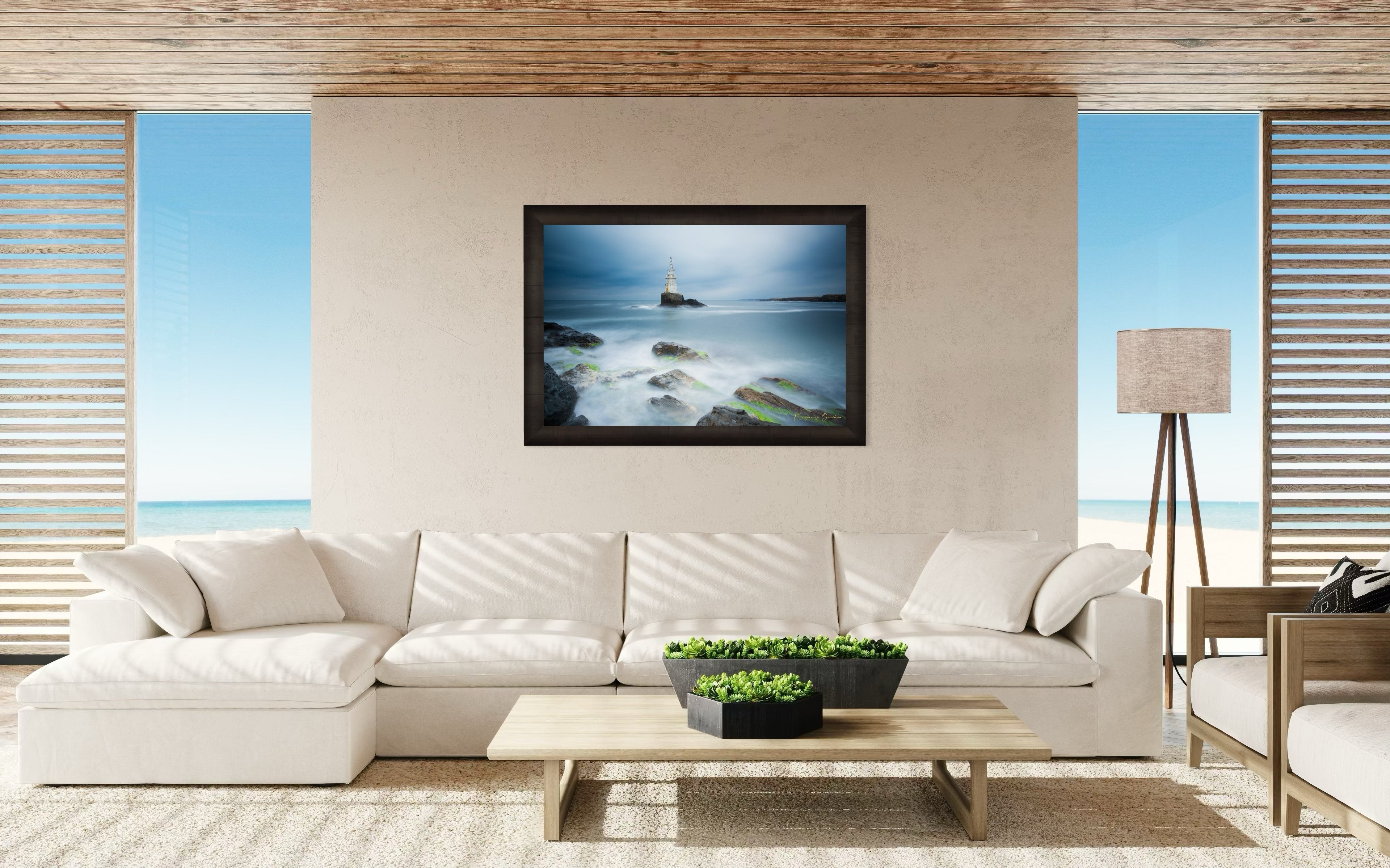 Lighthouse in Ahtopol during dusk with rocky coastal terrain, turbulent waves, and stormy skies. #Finish_Roma Dark Ash Frame