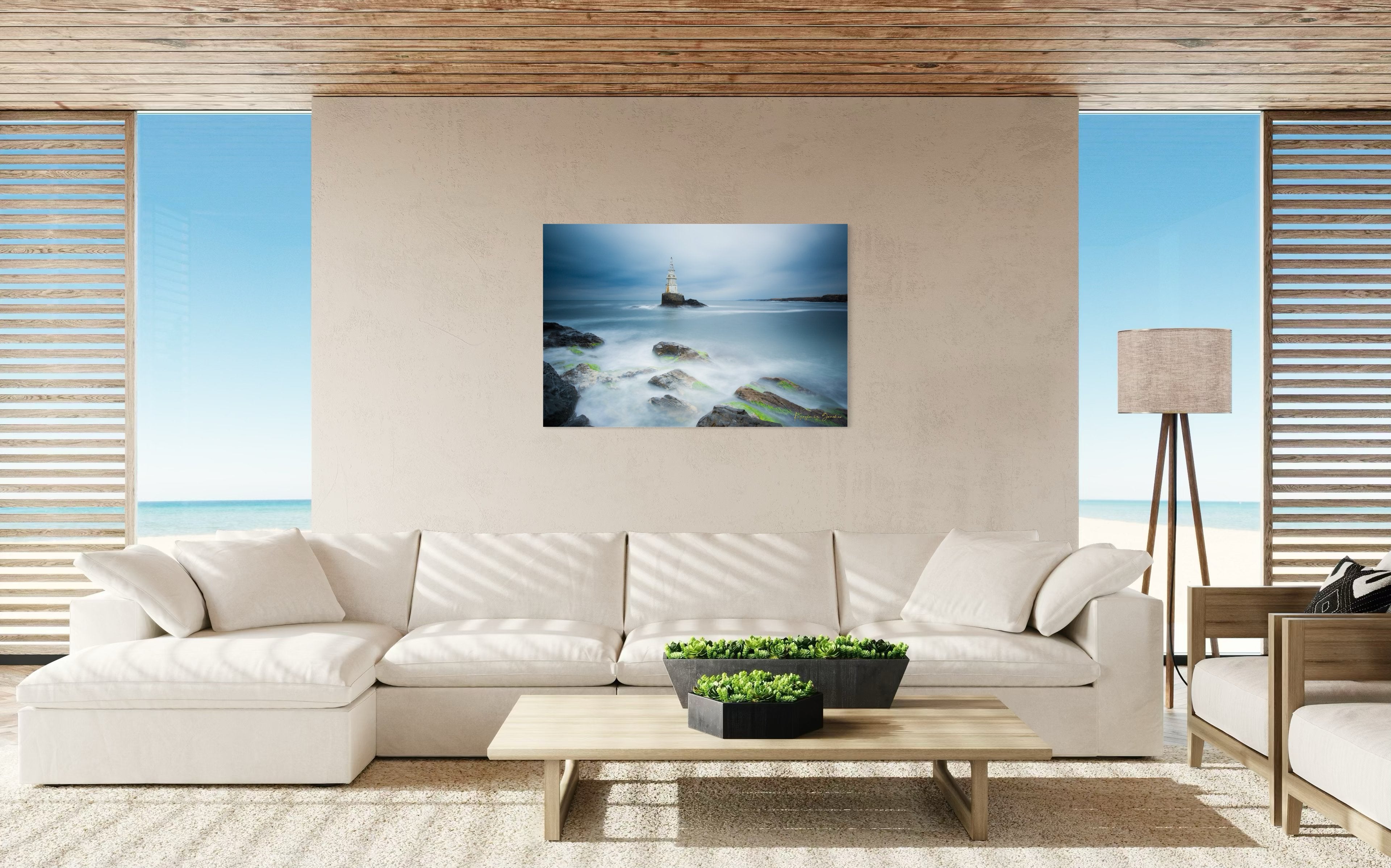 Lighthouse in Ahtopol during dusk with rocky coastal terrain, turbulent waves, and stormy skies. #Finish_Acrylic Recess