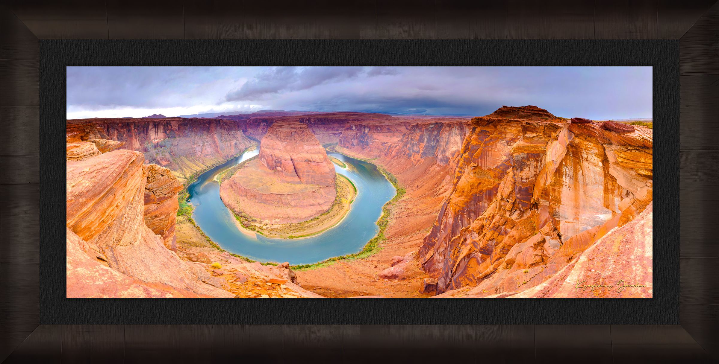 Horseshoe Bend at dawn, Arizona. Sunlight filters through the canyon walls illuminating the curve of the Colorado River. #Finish_Roma Dark Ash Frame & Dark Liner