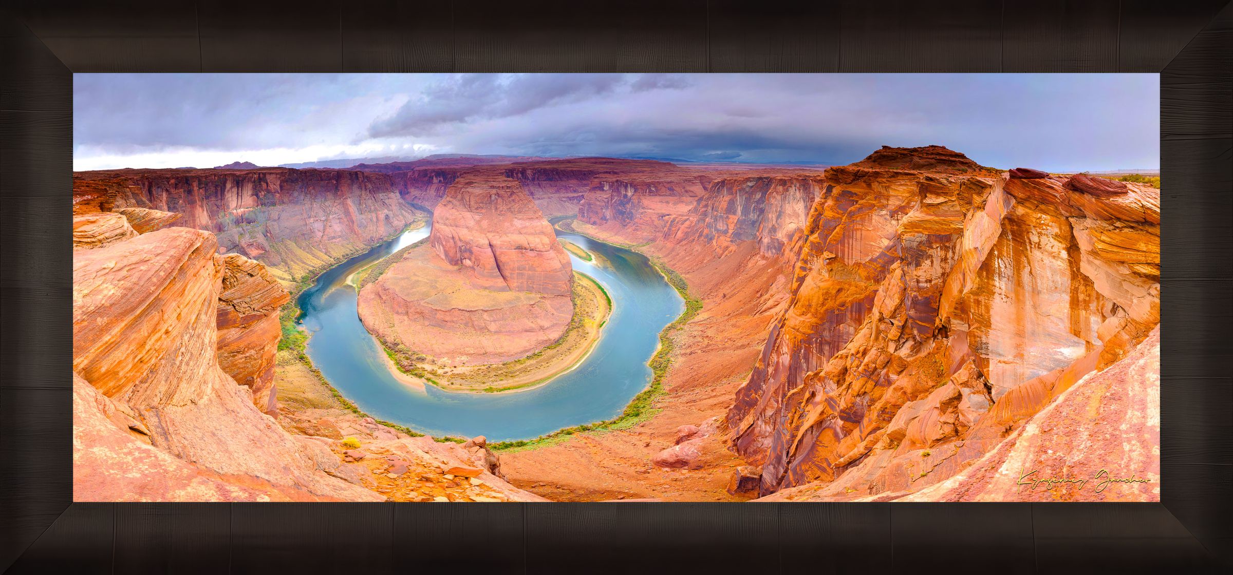 Horseshoe Bend at dawn, Arizona. Sunlight filters through the canyon walls illuminating the curve of the Colorado River. #Finish_Roma Dark Ash Frame