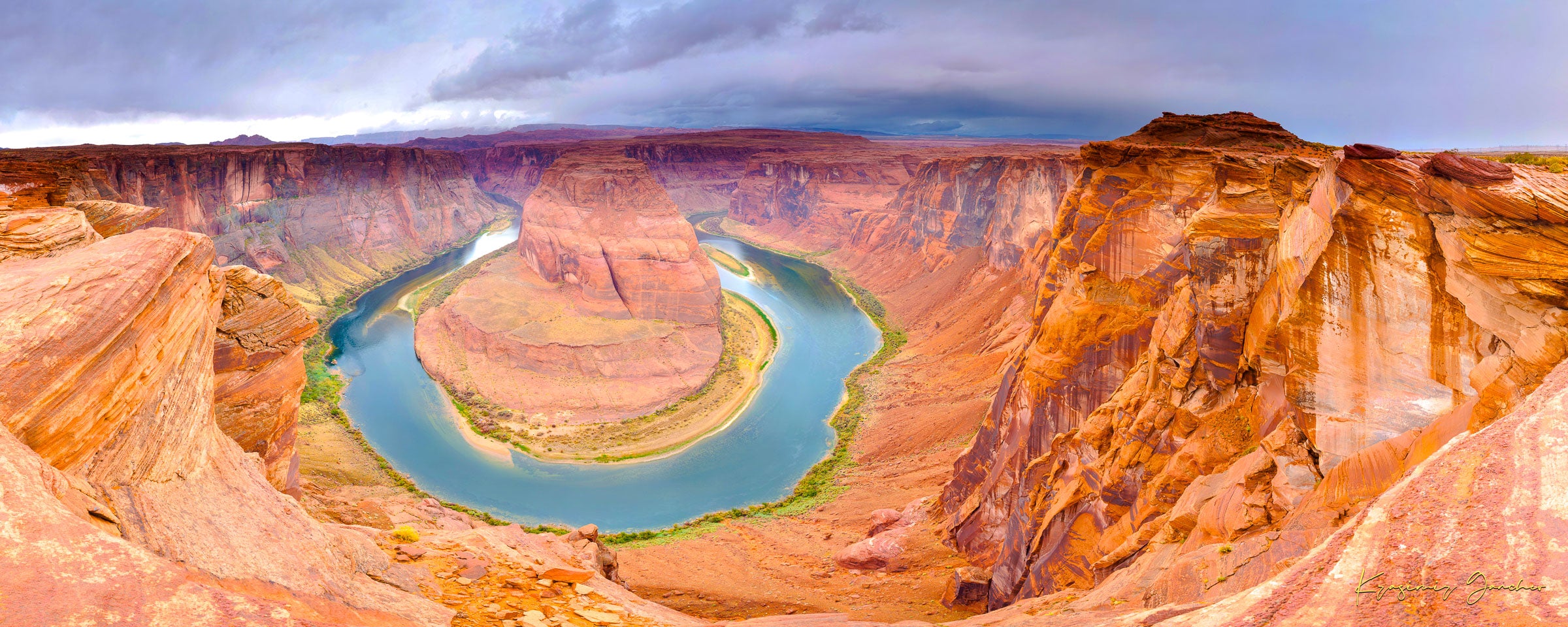 Horseshoe Bend at dawn, Arizona. Sunlight filters through the canyon walls illuminating the curve of the Colorado River. #Finish_Acrylic Recess