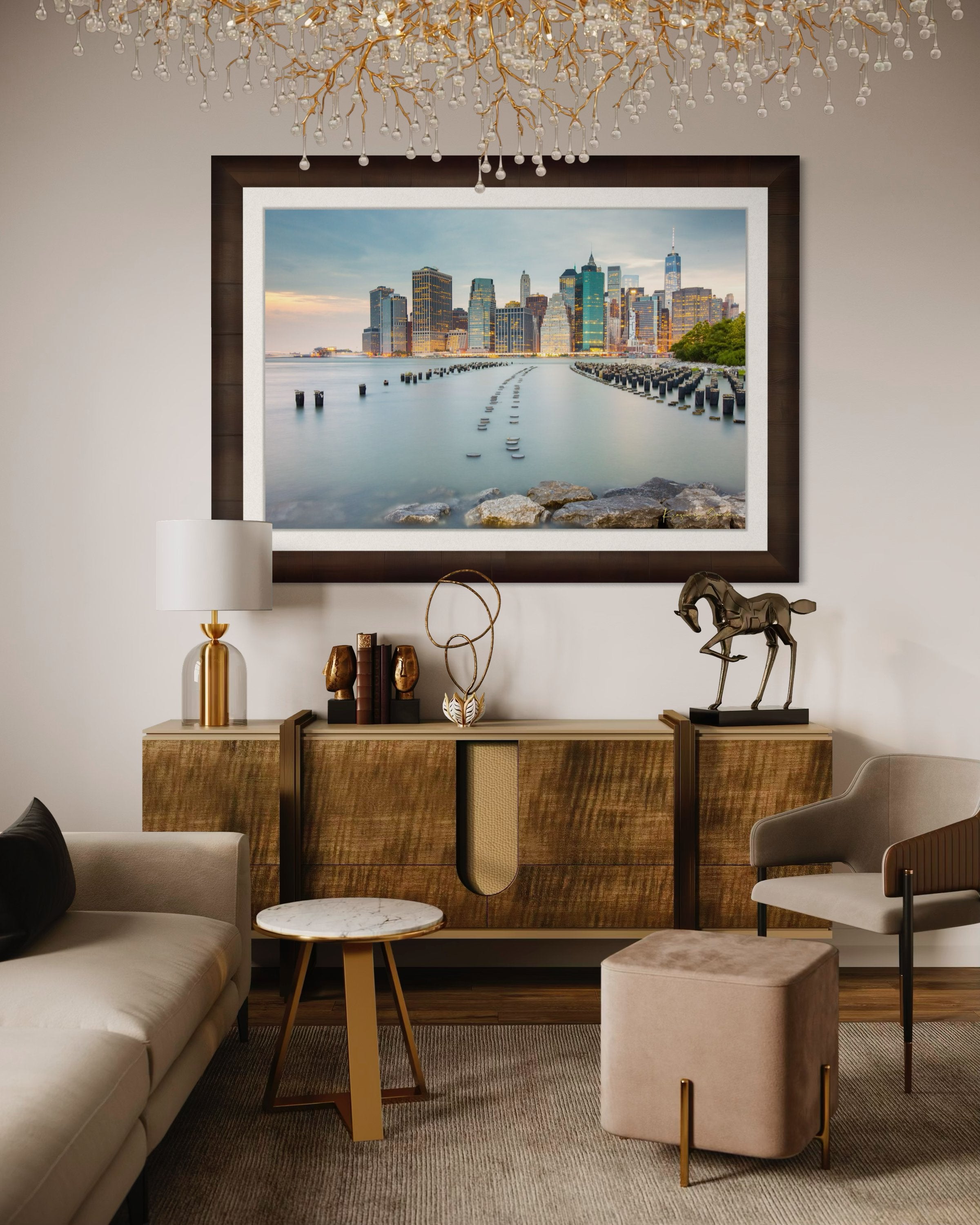 Urban waterfront scene along an estuary in Manhattan under a twilight sky with clouds and reflected city lights. #Finish_Roma Cigar Leaf Frame & Bright Liner