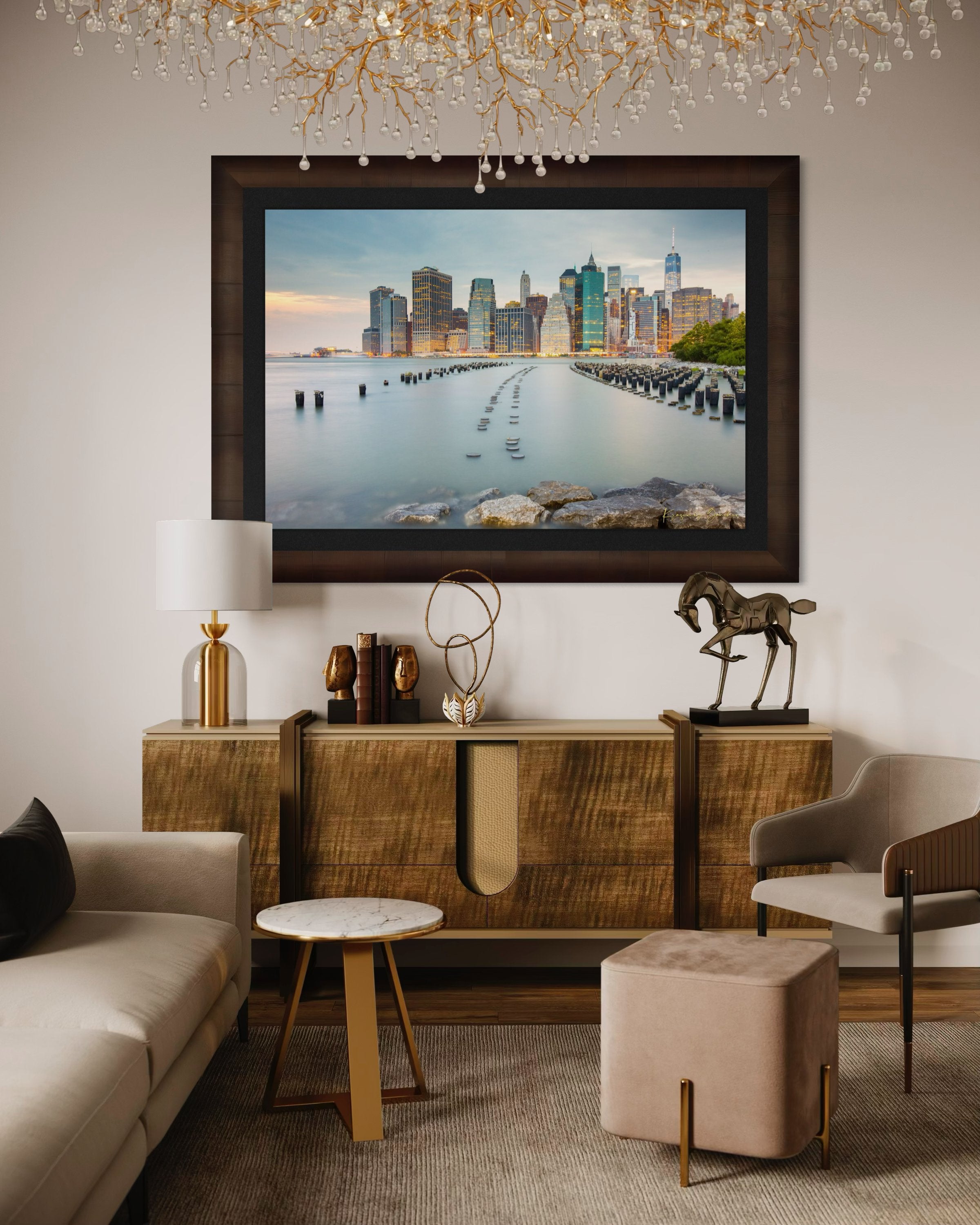 Urban waterfront scene along an estuary in Manhattan under a twilight sky with clouds and reflected city lights. #Finish_Roma Cigar Leaf Frame & Dark Liner