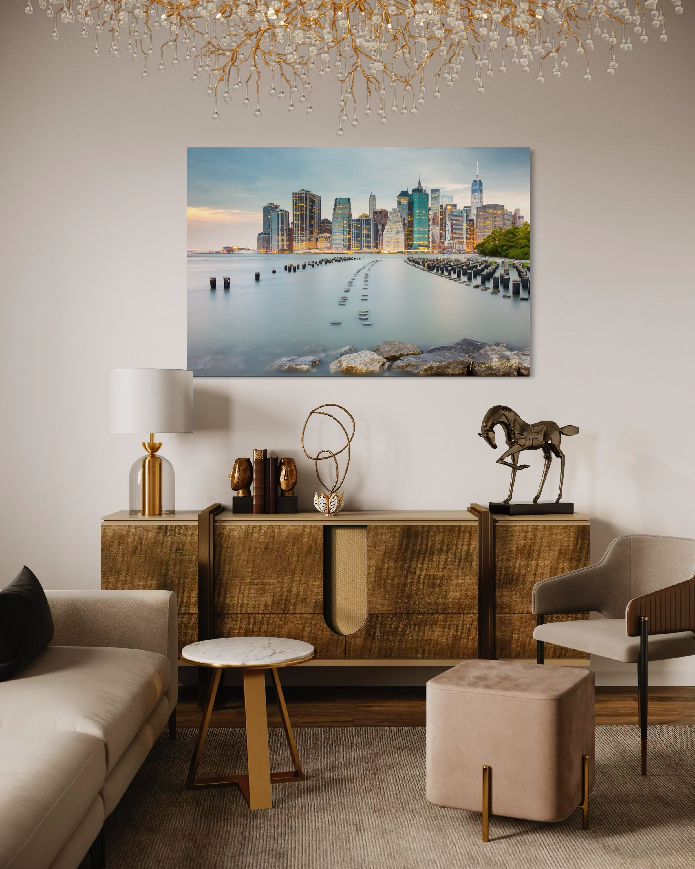 Urban waterfront scene along an estuary in Manhattan under a twilight sky with clouds and reflected city lights. #Finish_Acrylic Recess