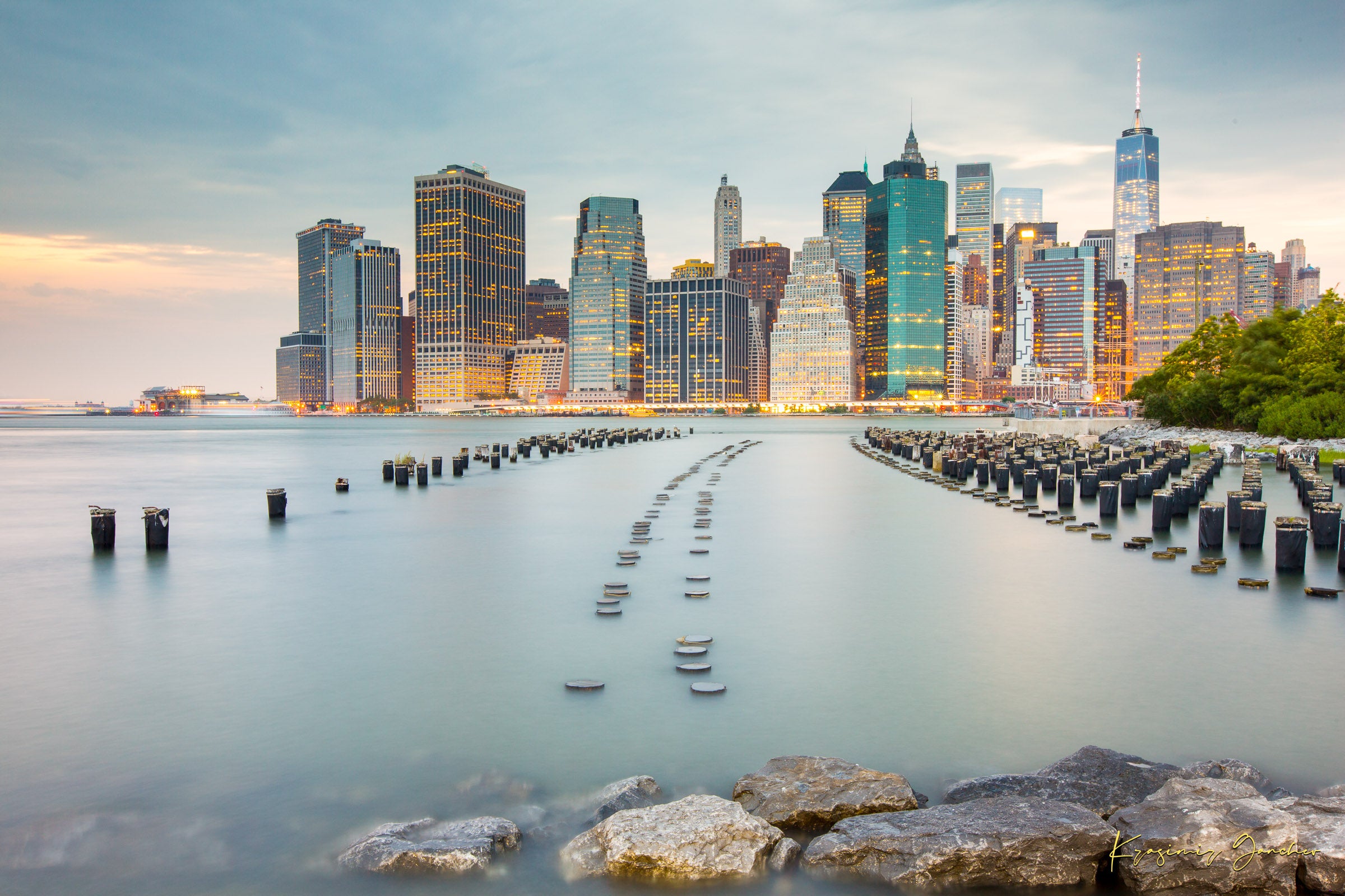 Urban waterfront scene along an estuary in Manhattan under a twilight sky with clouds and reflected city lights. #Finish_Acrylic Recess