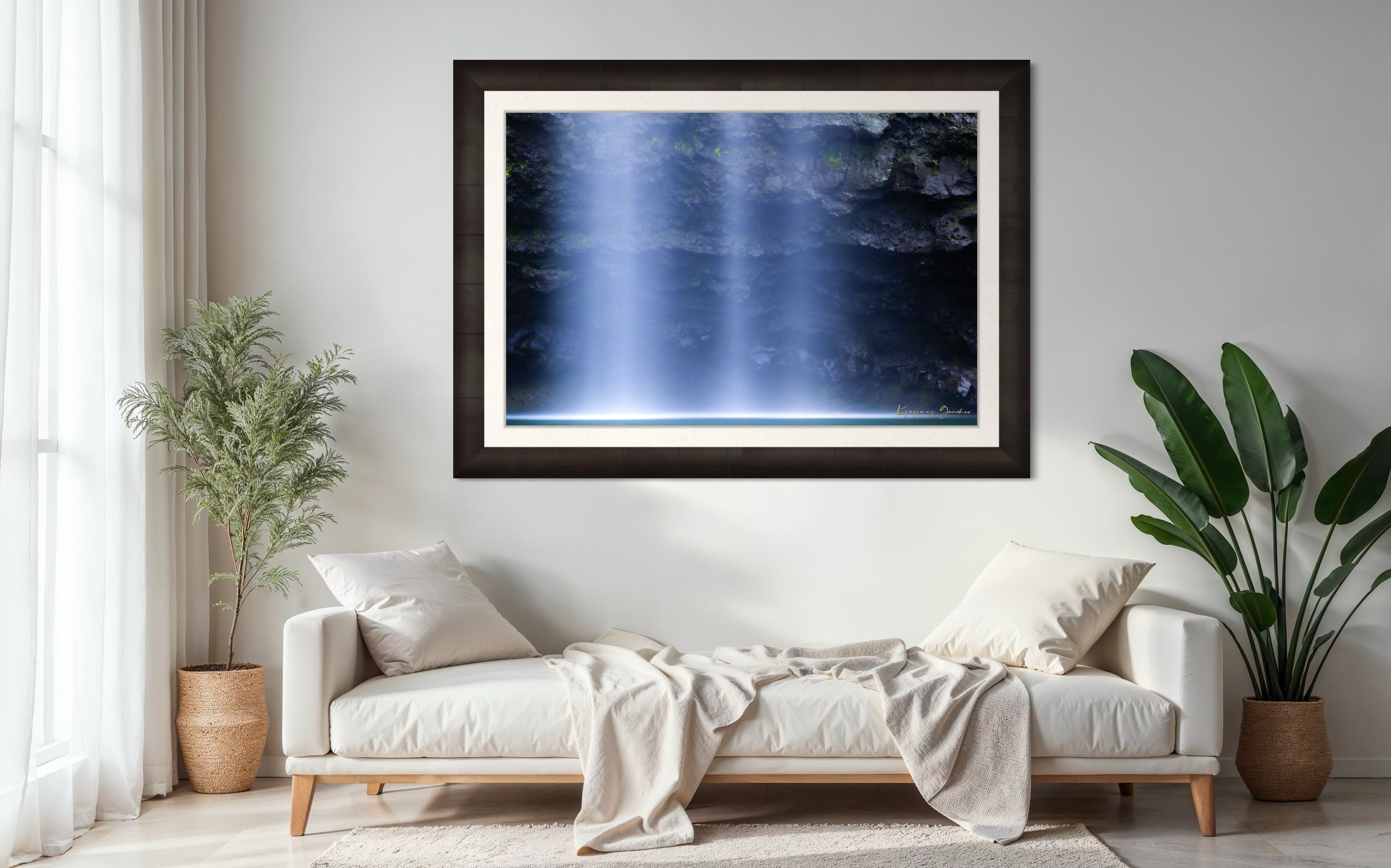 Waterfall descending from cliff into mist at Hanakapiai Falls, Kauai, illuminated by daylight. #Finish_Roma Dark Ash Frame & Bright Liner