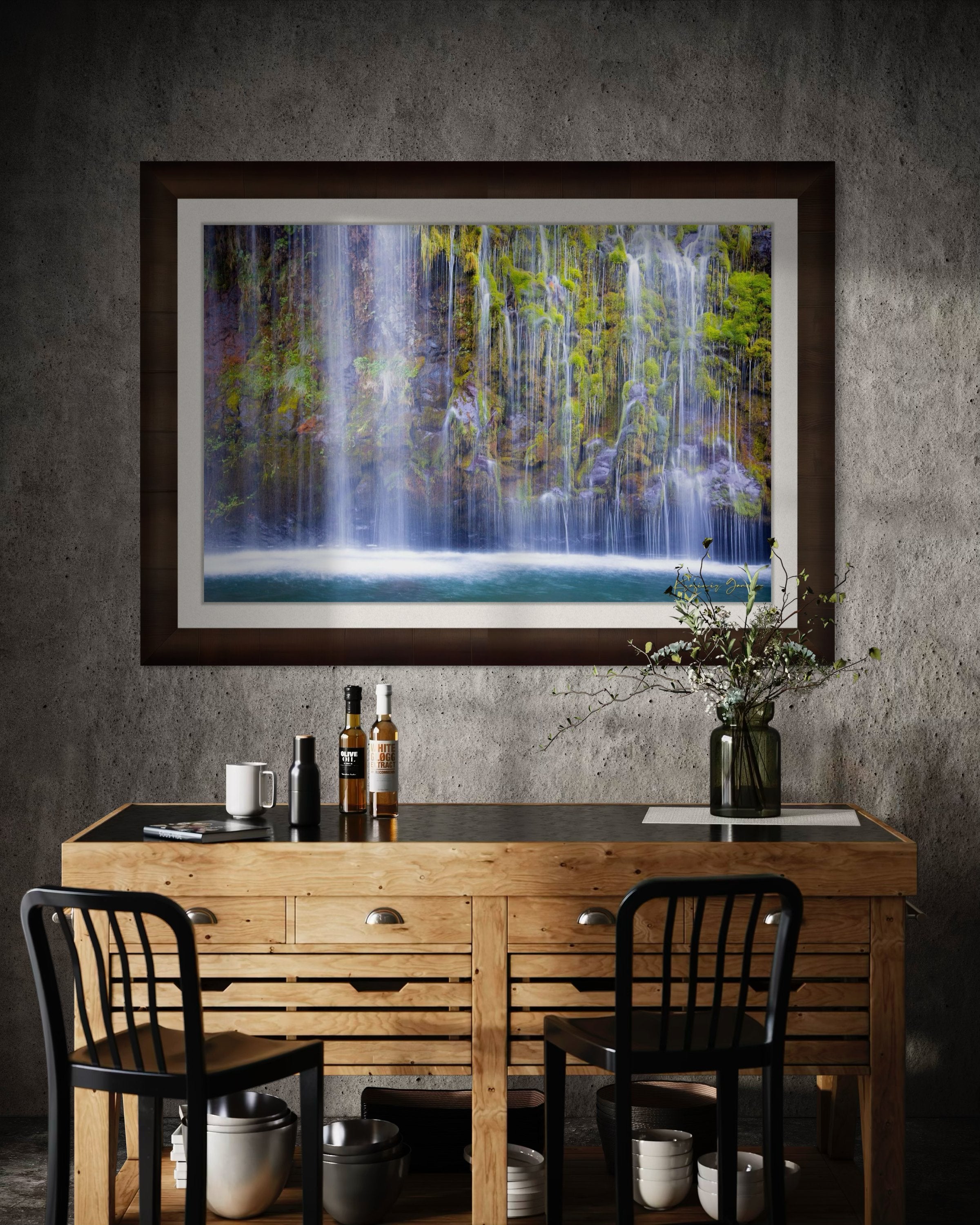 Waterfall cascading through a forested gorge at Mossbrae Falls during daylight with visible mist and dynamic movement. #Finish_Roma Cigar Leaf Frame & Bright Liner