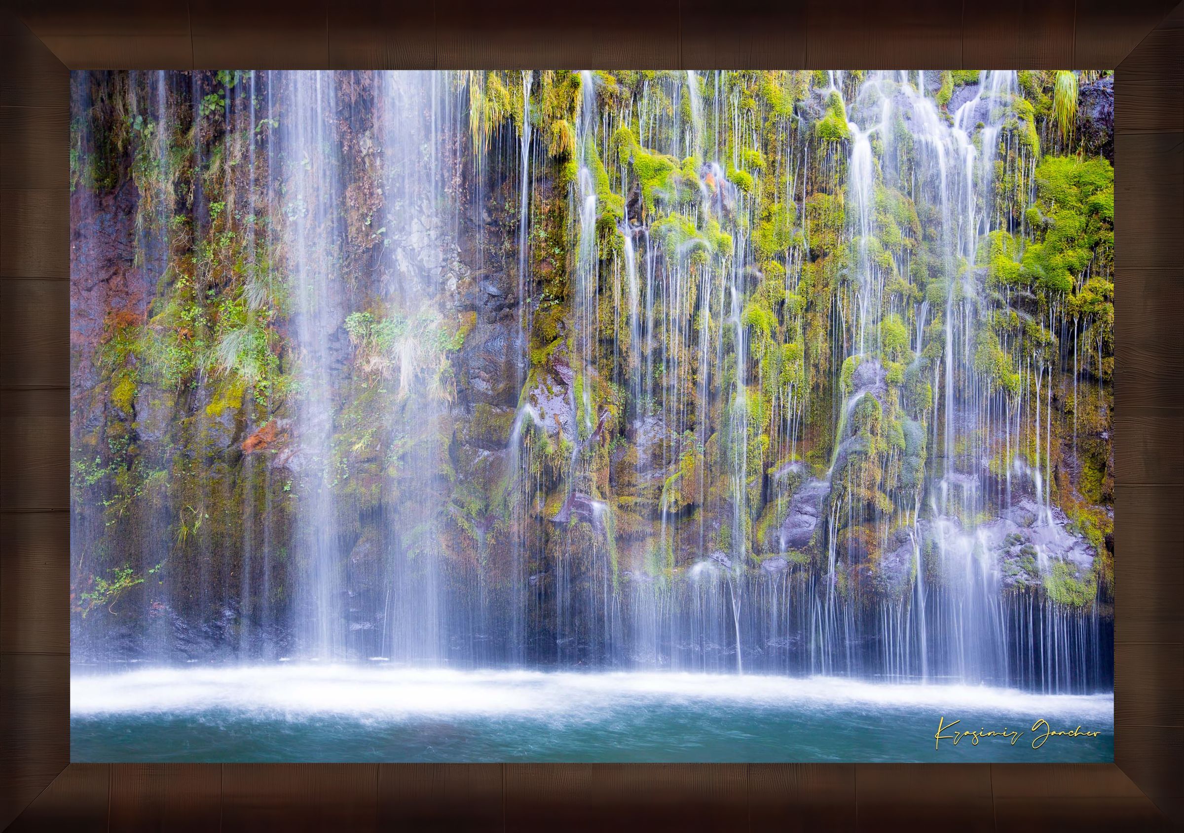 Waterfall cascading through a forested gorge at Mossbrae Falls during daylight with visible mist and dynamic movement. #Finish_Roma Cigar Leaf Frame
