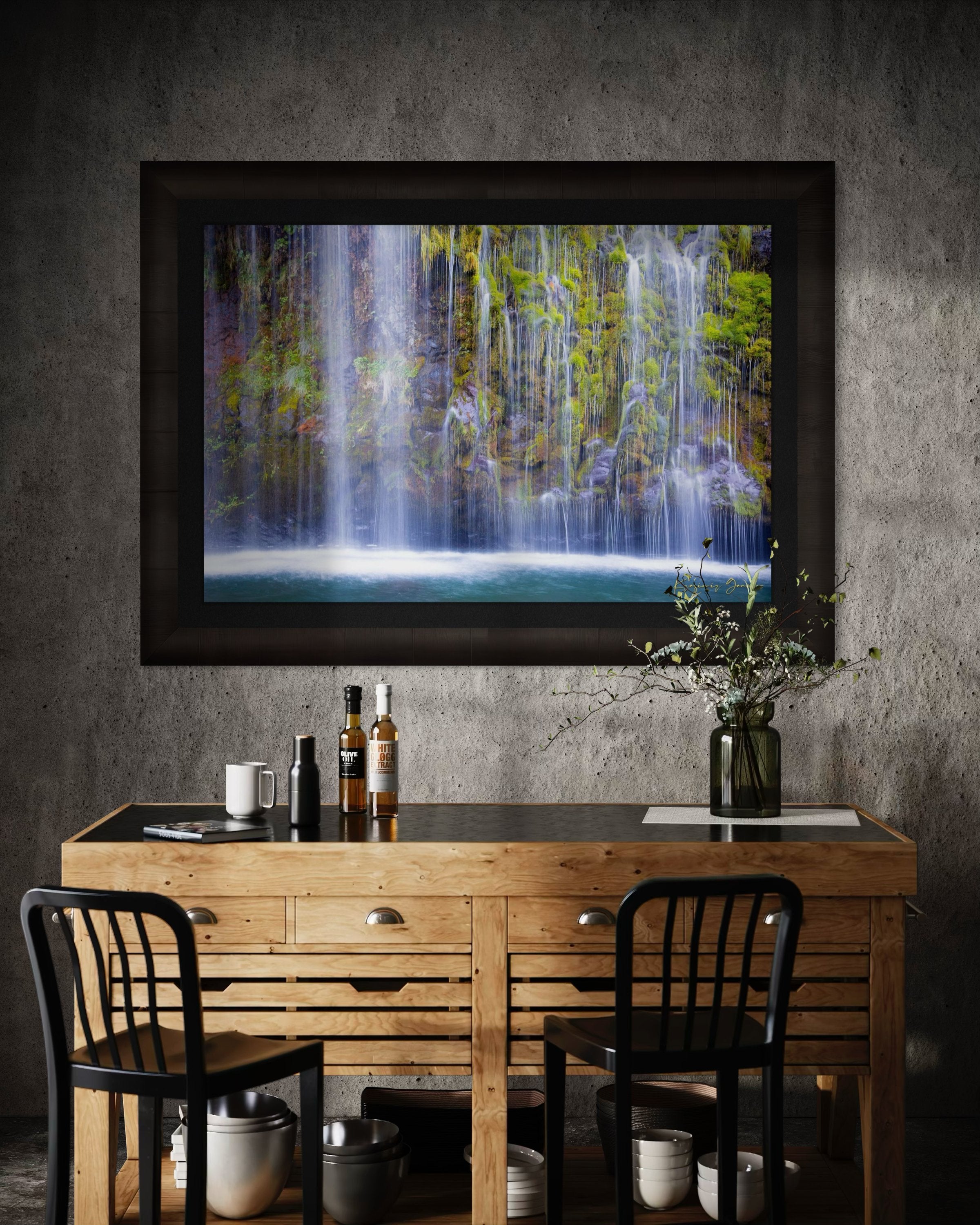Waterfall cascading through a forested gorge at Mossbrae Falls during daylight with visible mist and dynamic movement. #Finish_Roma Dark Ash Frame & Dark Liner