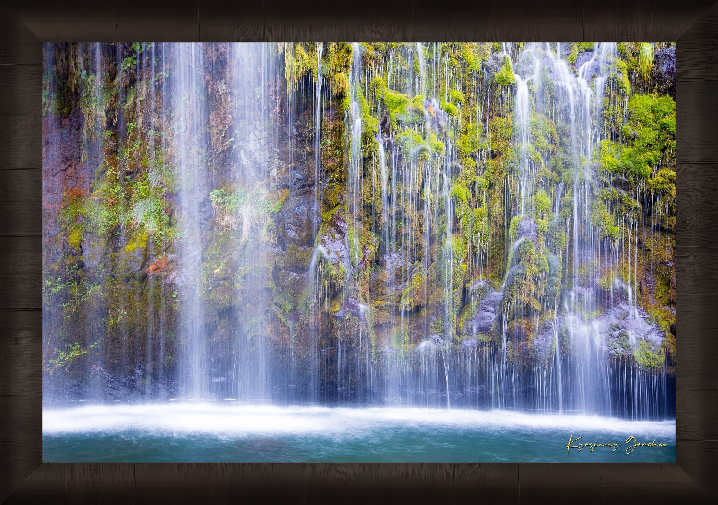 Waterfall cascading through a forested gorge at Mossbrae Falls during daylight with visible mist and dynamic movement. #Finish_Roma Dark Ash Frame