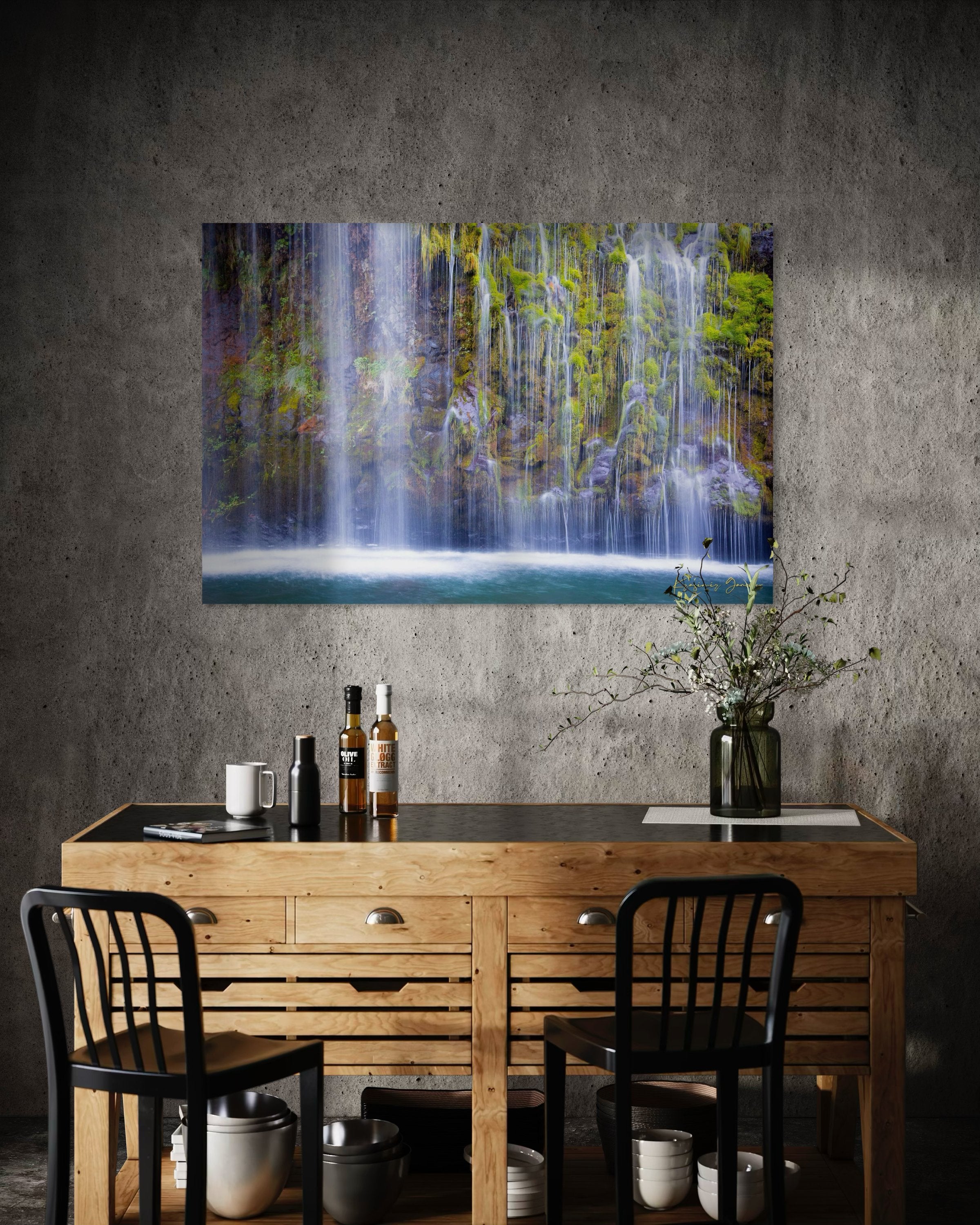 Waterfall cascading through a forested gorge at Mossbrae Falls during daylight with visible mist and dynamic movement. #Finish_Acrylic Recess