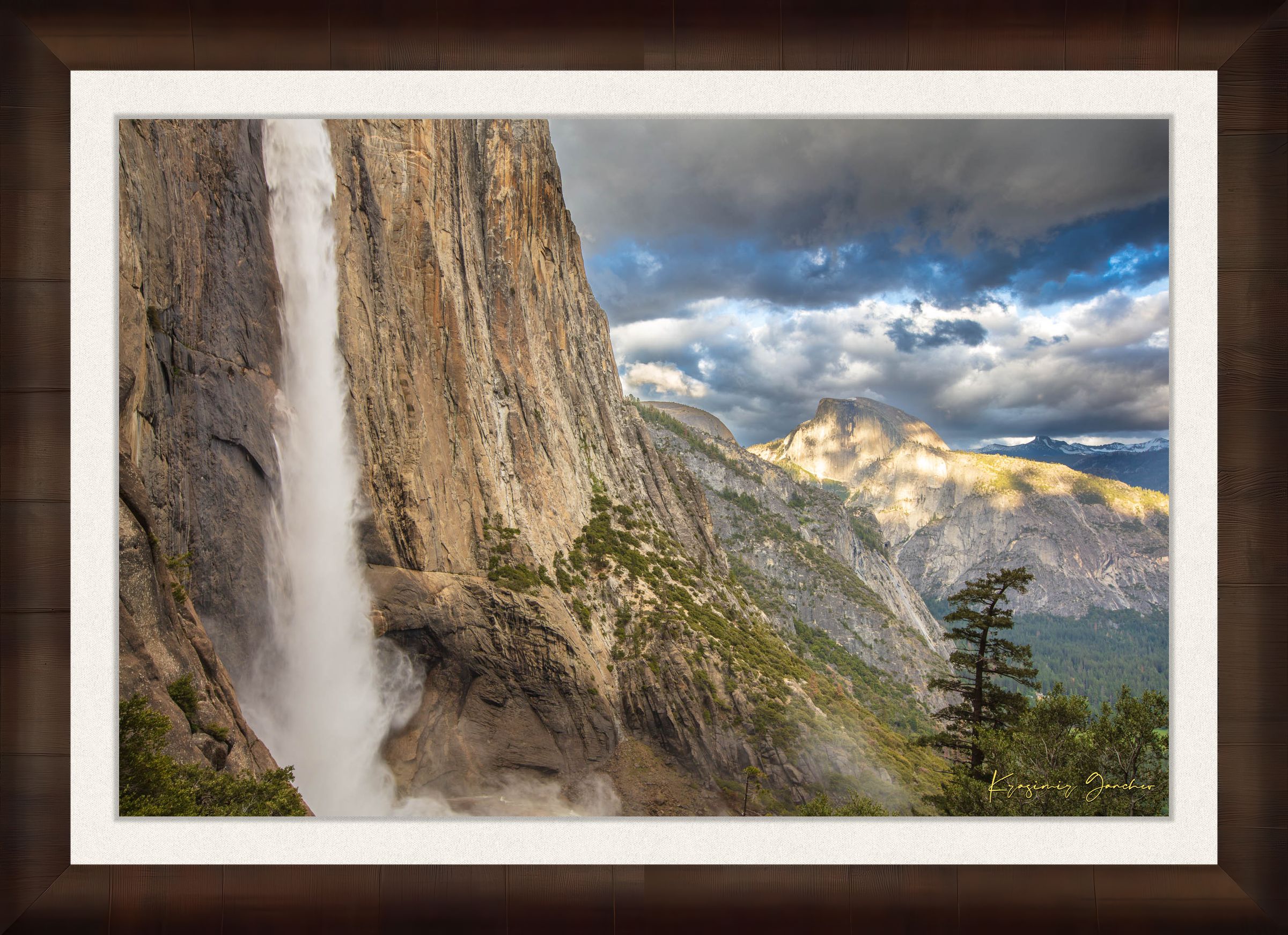 Half Dome illuminated by sunset light through dense storm clouds with waterfall below. #Finish_Roma Cigar Leaf Frame & Bright Liner