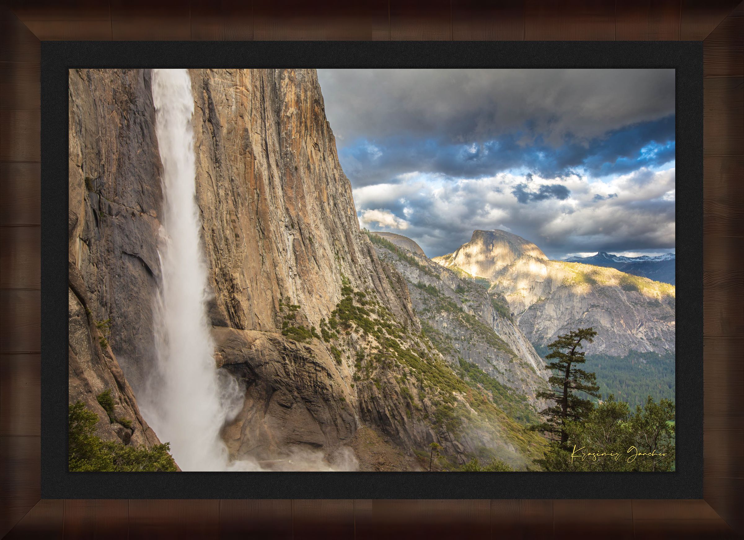 Half Dome illuminated by sunset light through dense storm clouds with waterfall below. #Finish_Roma Cigar Leaf Frame & Dark Liner