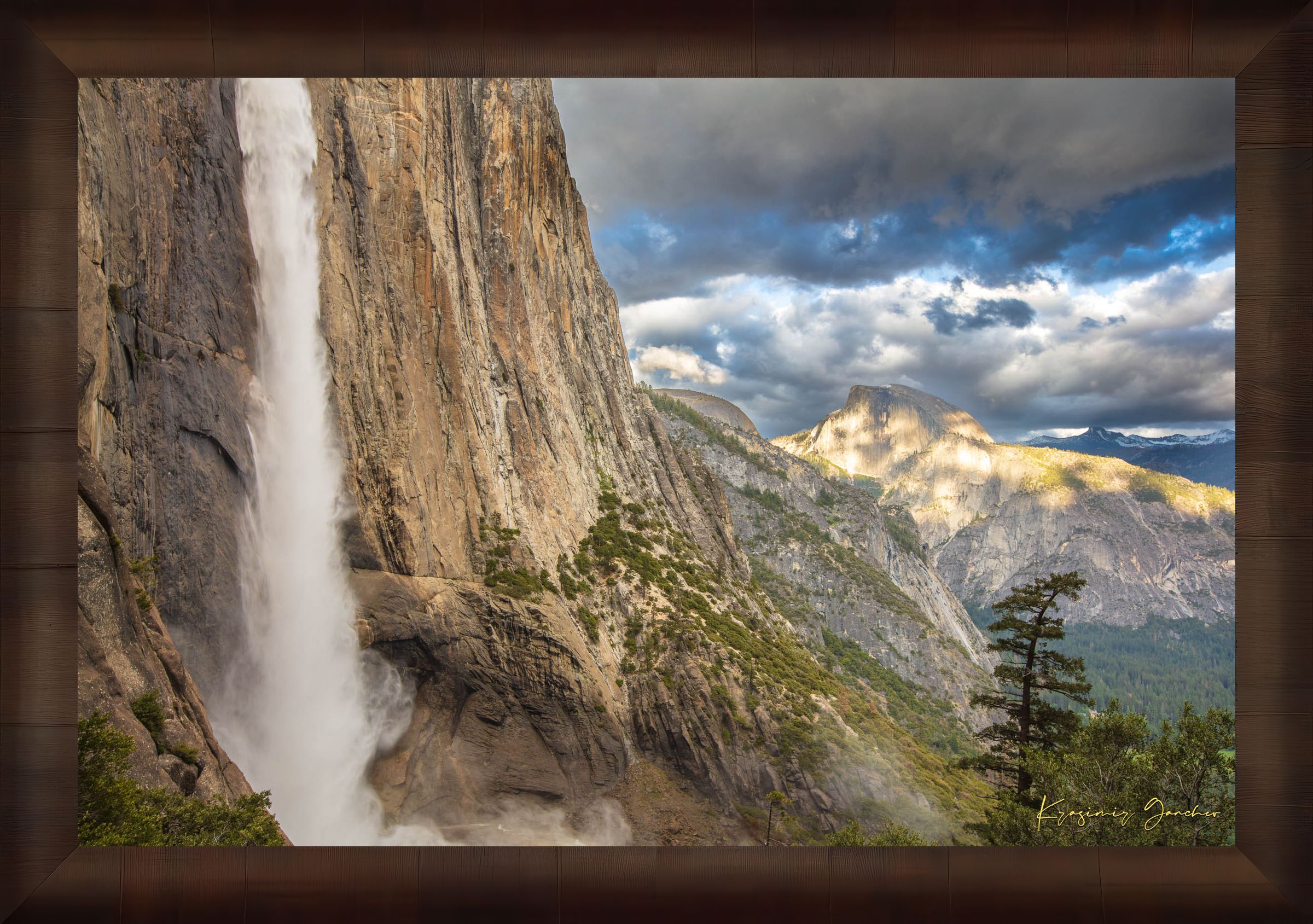 Half Dome illuminated by sunset light through dense storm clouds with waterfall below. #Finish_Roma Cigar Leaf Frame